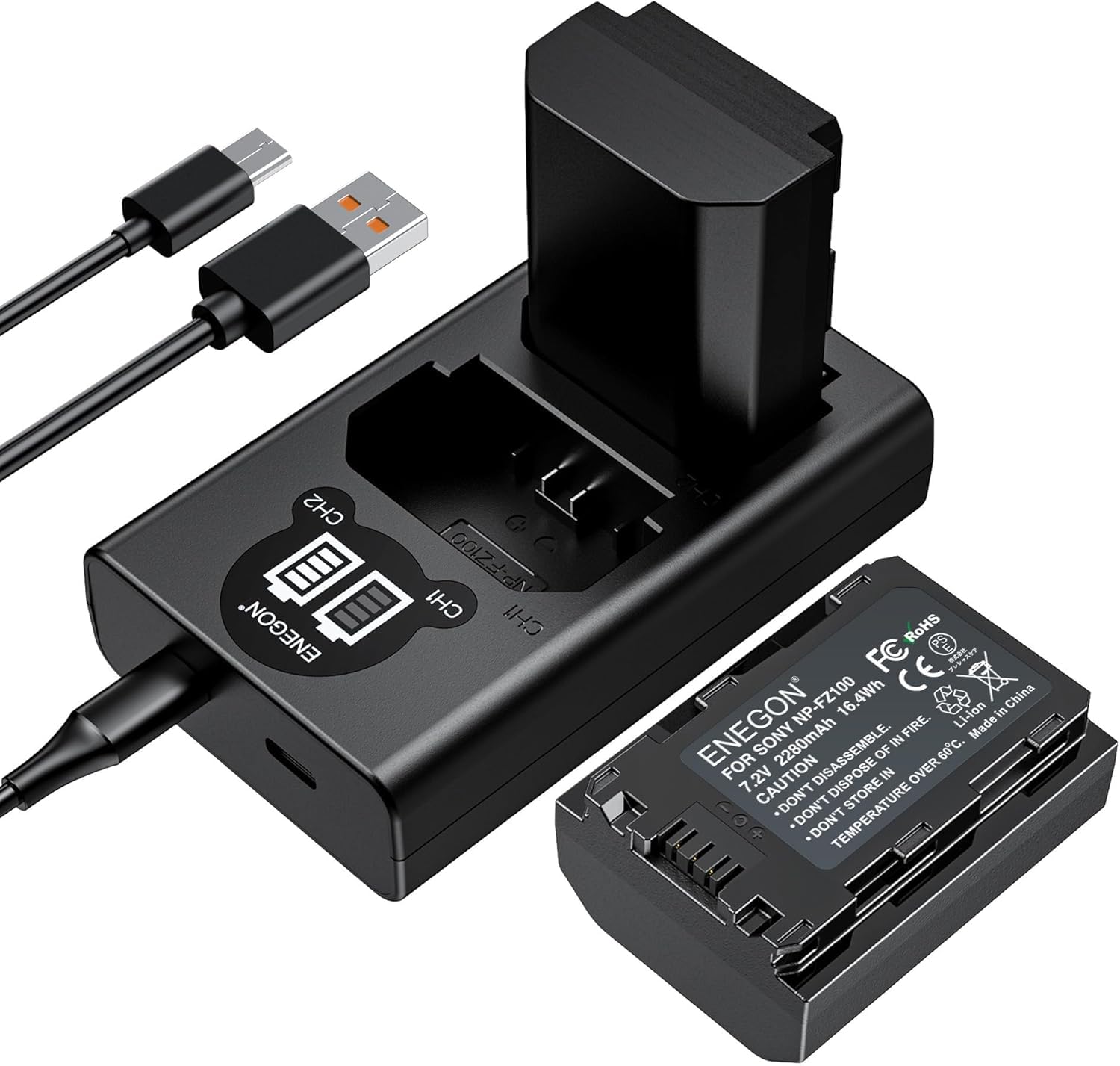 Batería de Repuesto ENEGON Negro Paquete de 2 con Cargador Dual USB para Sony NP-FZ100 y Alpha Serie A9/A7R/A6600