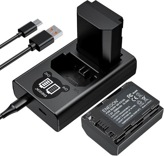 Batería de Repuesto ENEGON Negro Paquete de 2 con Cargador Dual USB para Sony NP-FZ100 y Alpha Serie A9/A7R/A6600