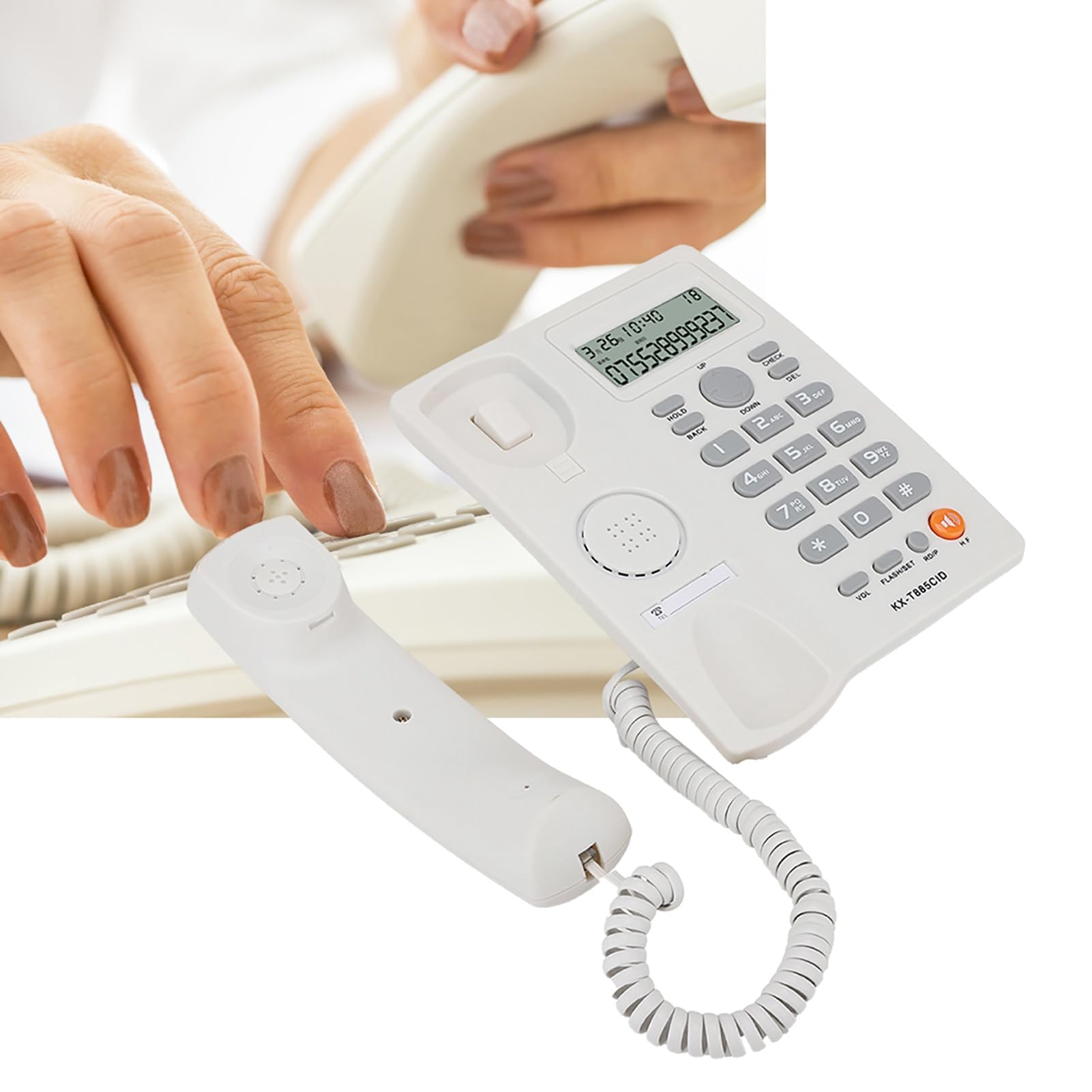 Teléfono con Cable Identificador de Llamadas Teléfono Manos Libres Oficina Hogar Hotel Teléfono Fijo Claro Sonido Marcado Rápido Función de Pausa / Retención Último Número Volver a Marcar(Blanco)