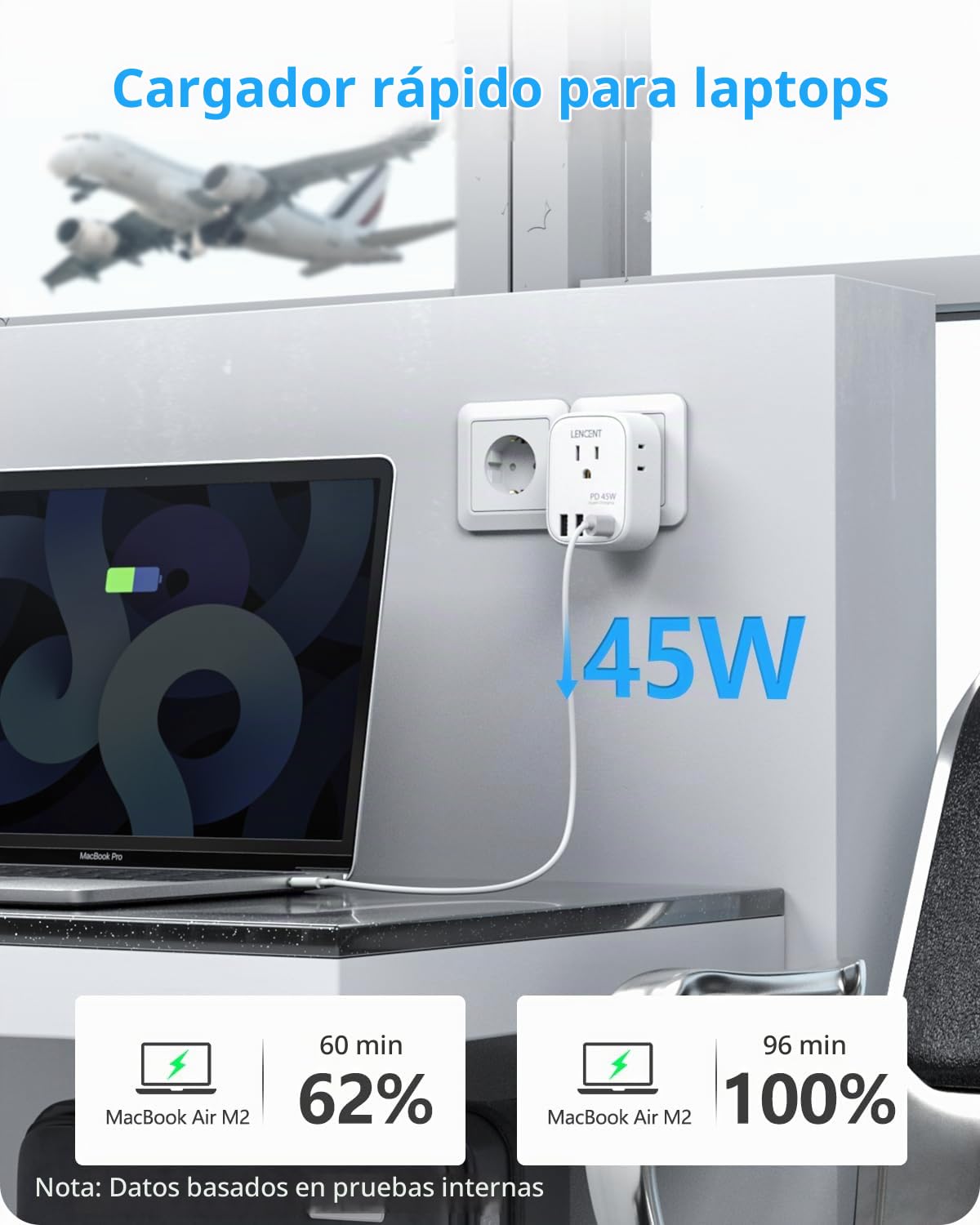 Adaptador de Viaje LENCENT Europeo Tipo C Plegable PD45W 4 Tomas
