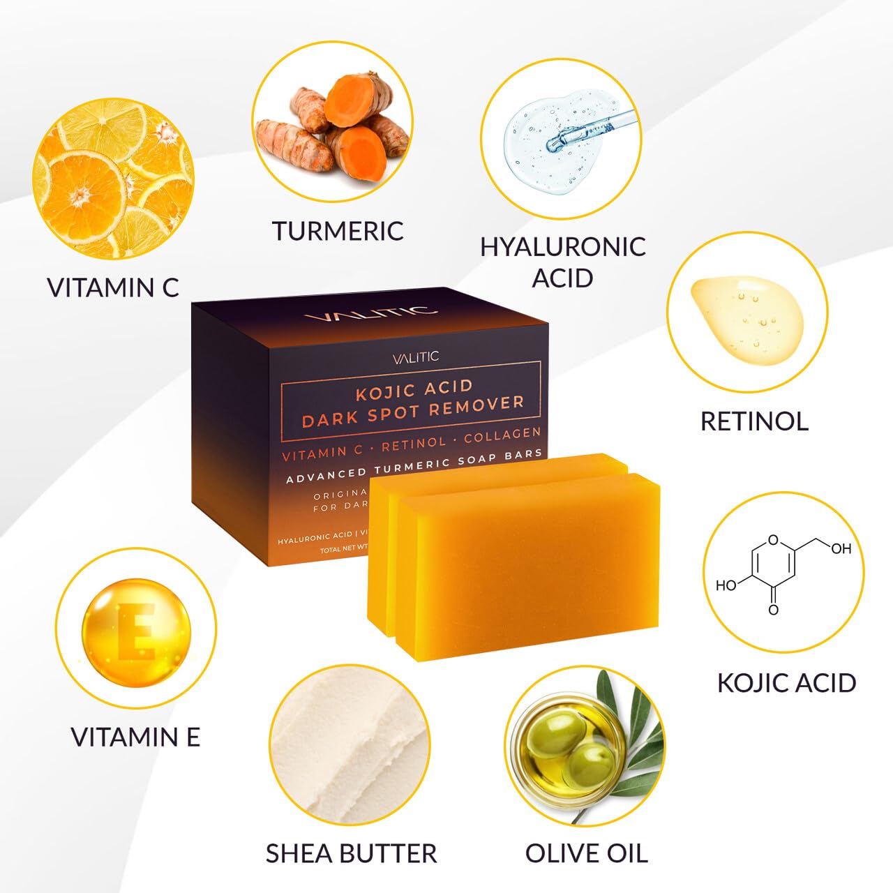 VALITIC- Jabón en barra con ácido kójico para eliminar manchas oscuras, vitamina C, retinol, colágeno y cúrcuma (original japonés)