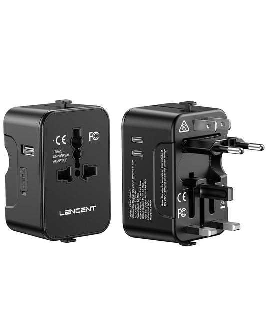 LENCENT Adaptador Universal de Viaje, Cargador Internacional con 1 USB-A y 2 USB-C, Todo en Uno Adaptador Internacional con Enchufe Tipo A/C/G/I, Ideal para USA/UE/UK/Australia/Argentina/Brasil/China