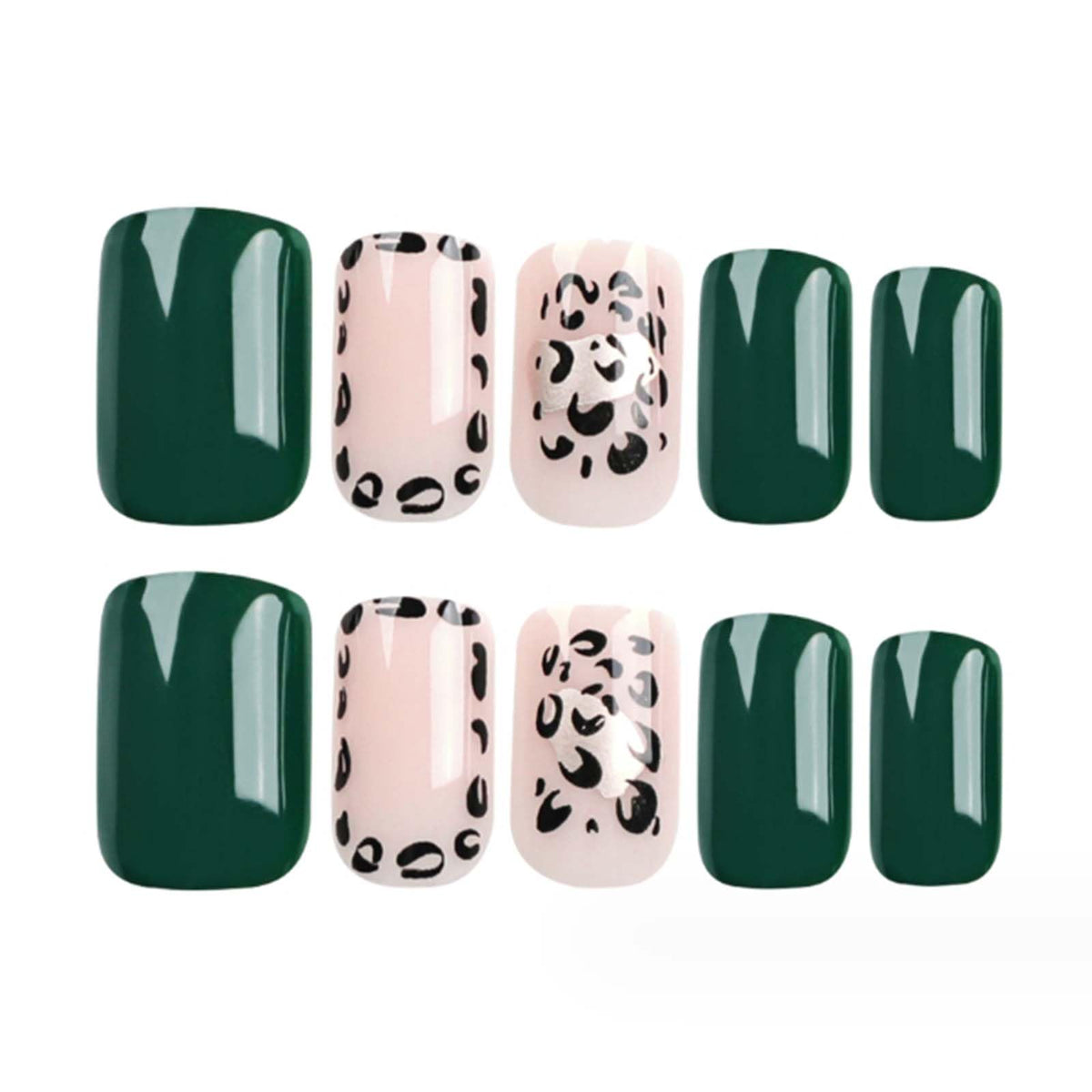 Gifiky Uñas Postizas Cuadradas Cortas Con Estampado De Leopardo Verde, Cobertura Total, Para Mujeres Y Niñas, 24 Unidades