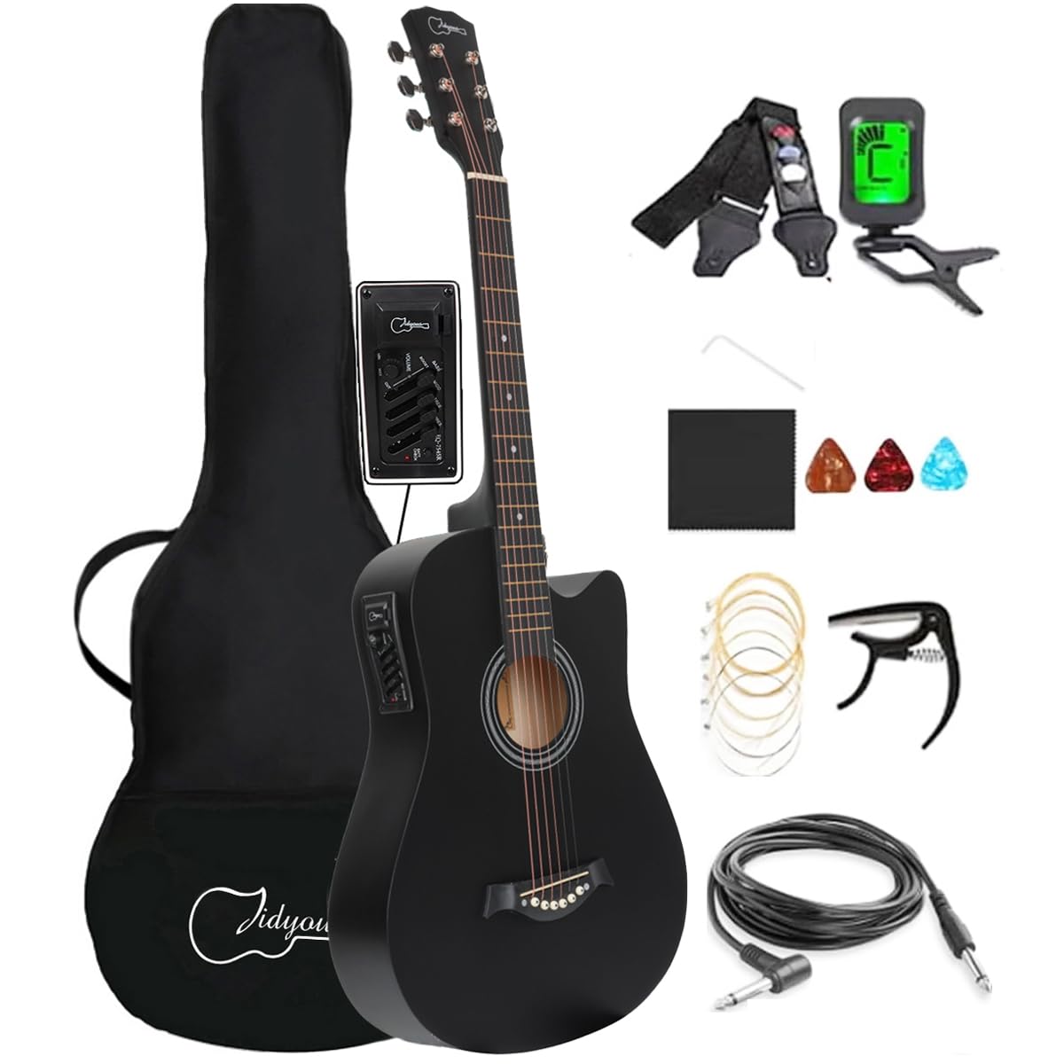 38 inch Electroacústica Guitarra Guitarra acustica con Afinadores,Correas,Cuerdas para Instrumentos,Plumillas,Cable amplificador guitarra,soul,Fundas para Guitarras 3/4(Black2)