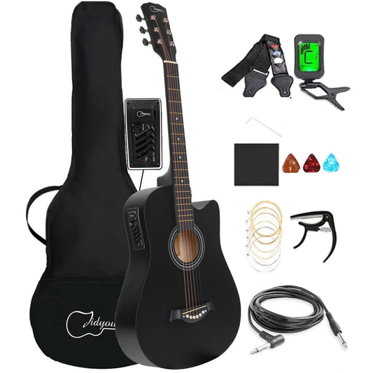38 inch Electroacústica Guitarra Guitarra acustica con Afinadores,Correas,Cuerdas para Instrumentos,Plumillas,Cable amplificador guitarra,soul,Fundas para Guitarras 3/4(Black2)