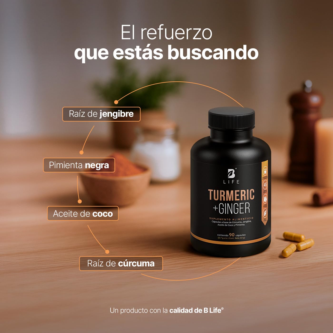 Cúrcuma + Jengibre 90 Cápsulas 1400 mg por porción. Adicionado con Aceite de Coco. Ingredientes naturales. Turmeric + Ginger B Life