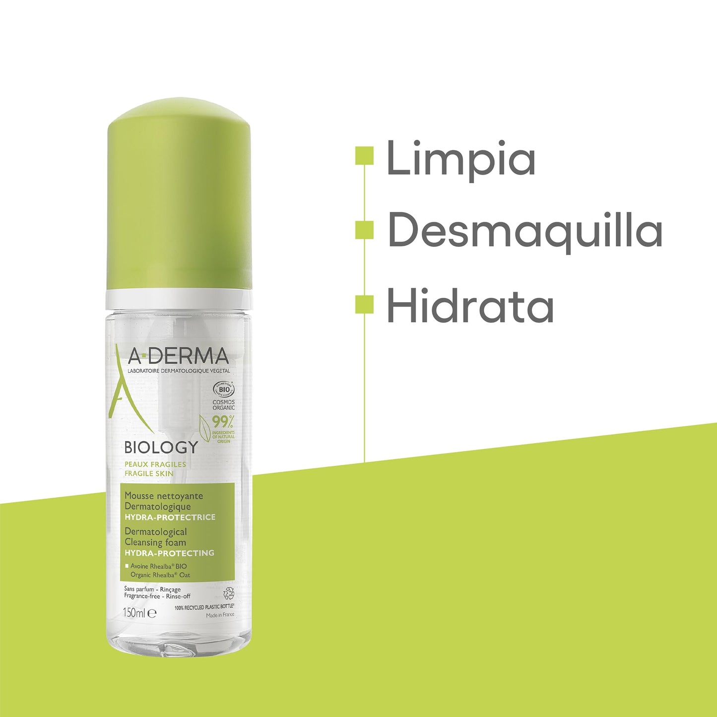 ADERMA, Biology Espuma Limpiadora Hidratante Facial con Ingredientes Naturales, 150ml