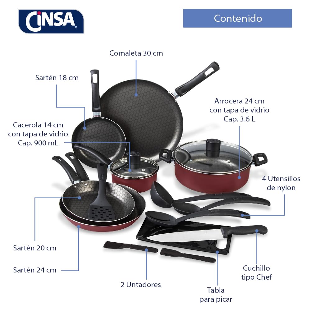 Cinsa Bateria de cocina Esencial Equipa tu cocina 16 piezas, aluminio con antiadherente thermocell, tapas de vidrio templado, cuchillos, utensilios, Rojo (16 piezas)