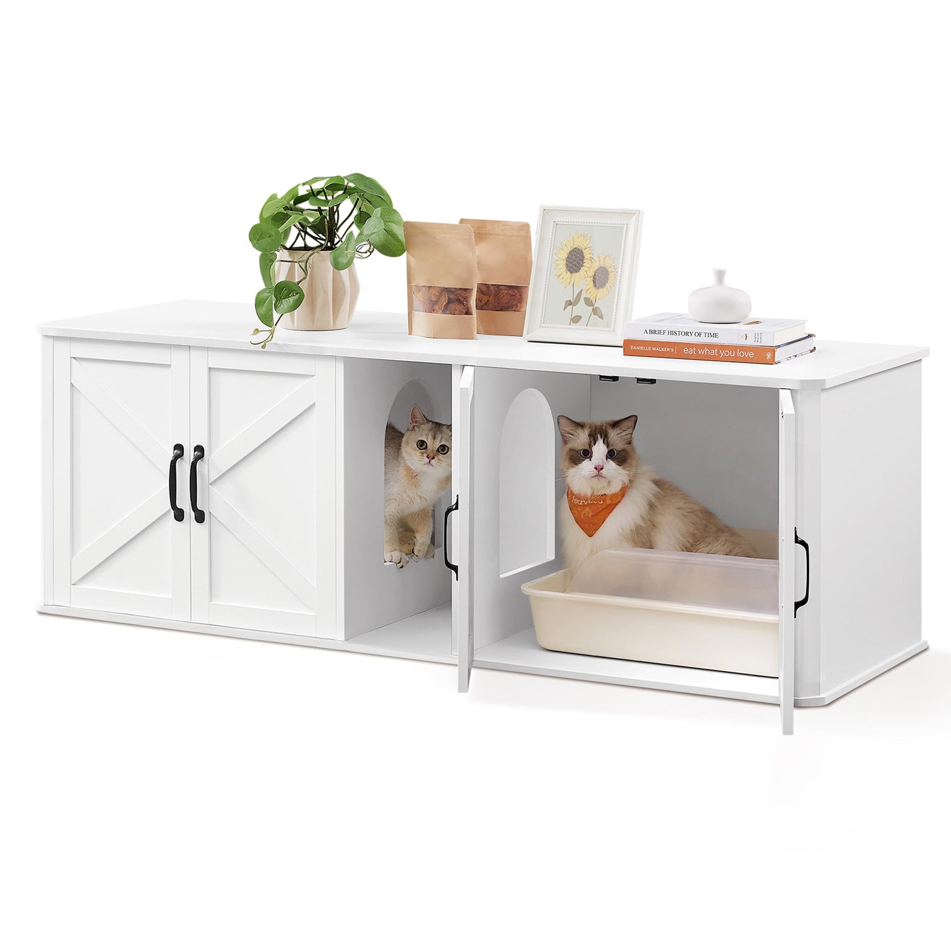 Feandrea Mueble Arenero para Gatos, Caja de Arena para 2 Gatos, Mesa Auxiliar, 145.6 x 48.5 x 50 cm, Blanco Nube MPCL010W01