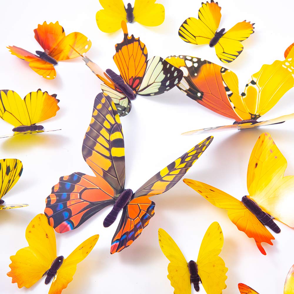60 pegatinas de pared con diseño de mariposas en 3D, decoración para pared, decoración del hogar, habitación de los niños y recámara (amarillo)