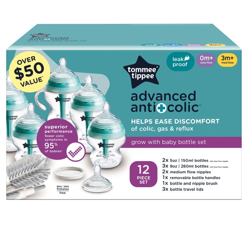 Set de Biberones Anti-Colic Avanzado Tommee Tippee Crece con el Bebé, Blanco, con Tetinas Estilo Pecho y Asas