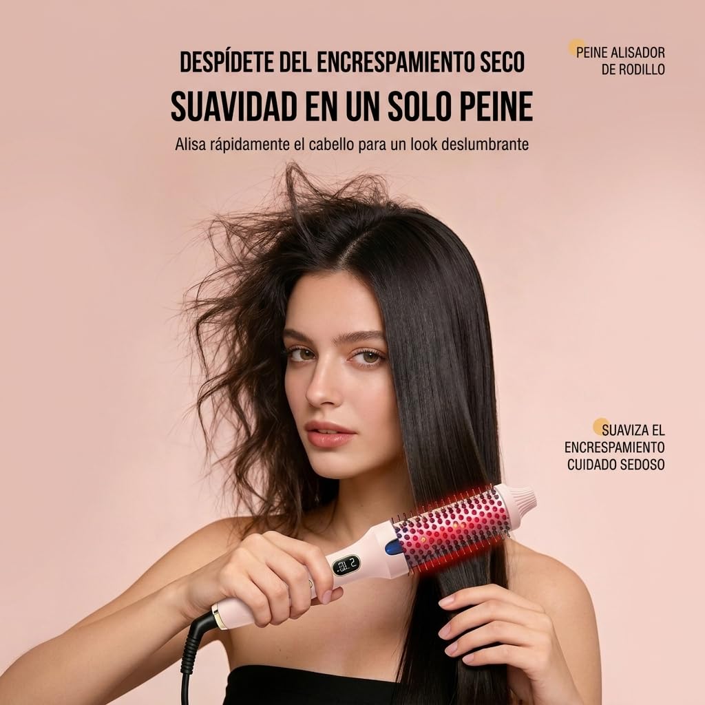 Cepillo Térmico Iónico WisBtyCo Rosa con Queratina Vegetal y Calentamiento Rápido 30s para Volumen y Brillo