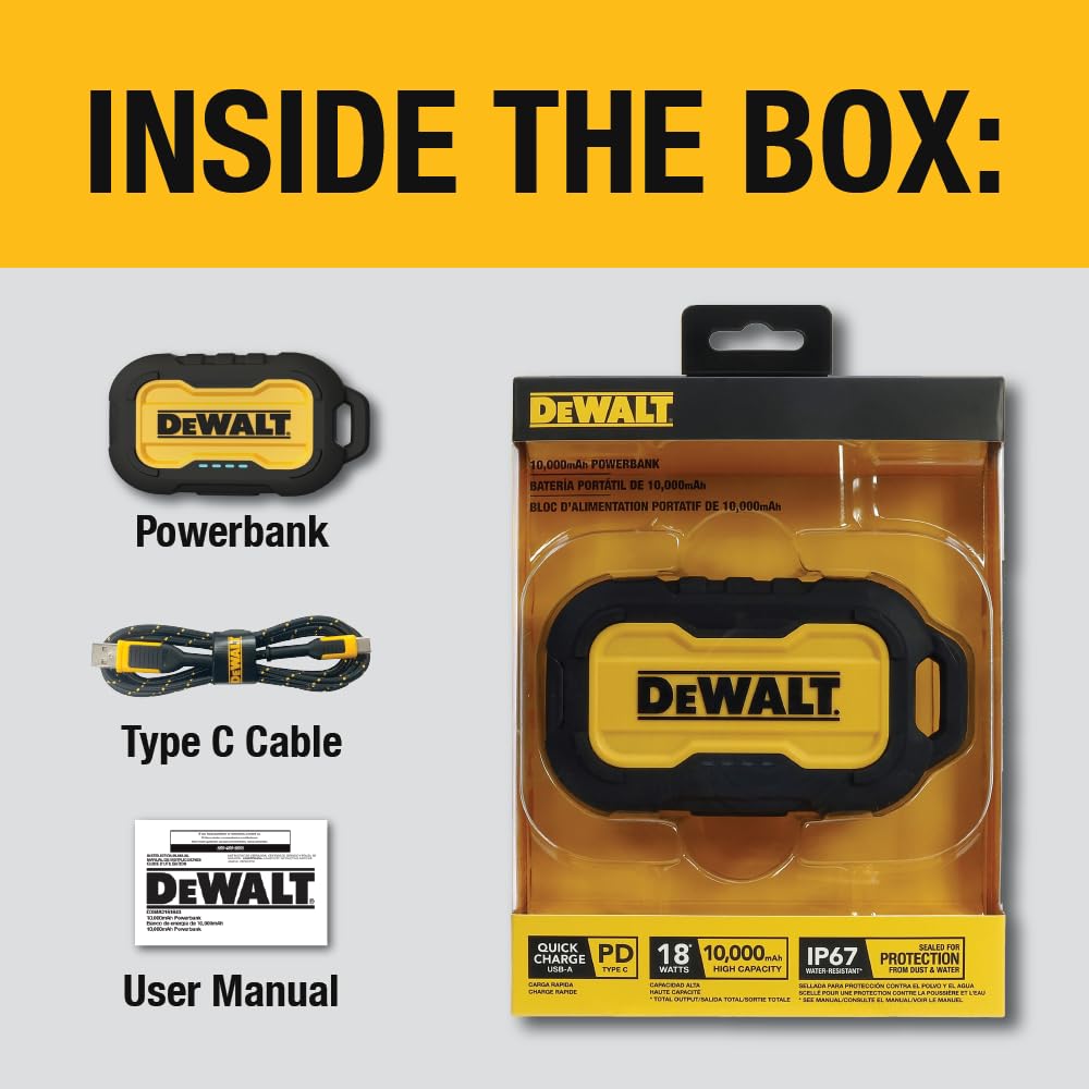 DEWALT Cargador portátil, Power Bank, batería de 10.000 mAh con Puerto USB-C para iPhone 15/15 Plus/15 Pro/15 Pro MAX, iPhone 14/13, Samsung Galaxy.