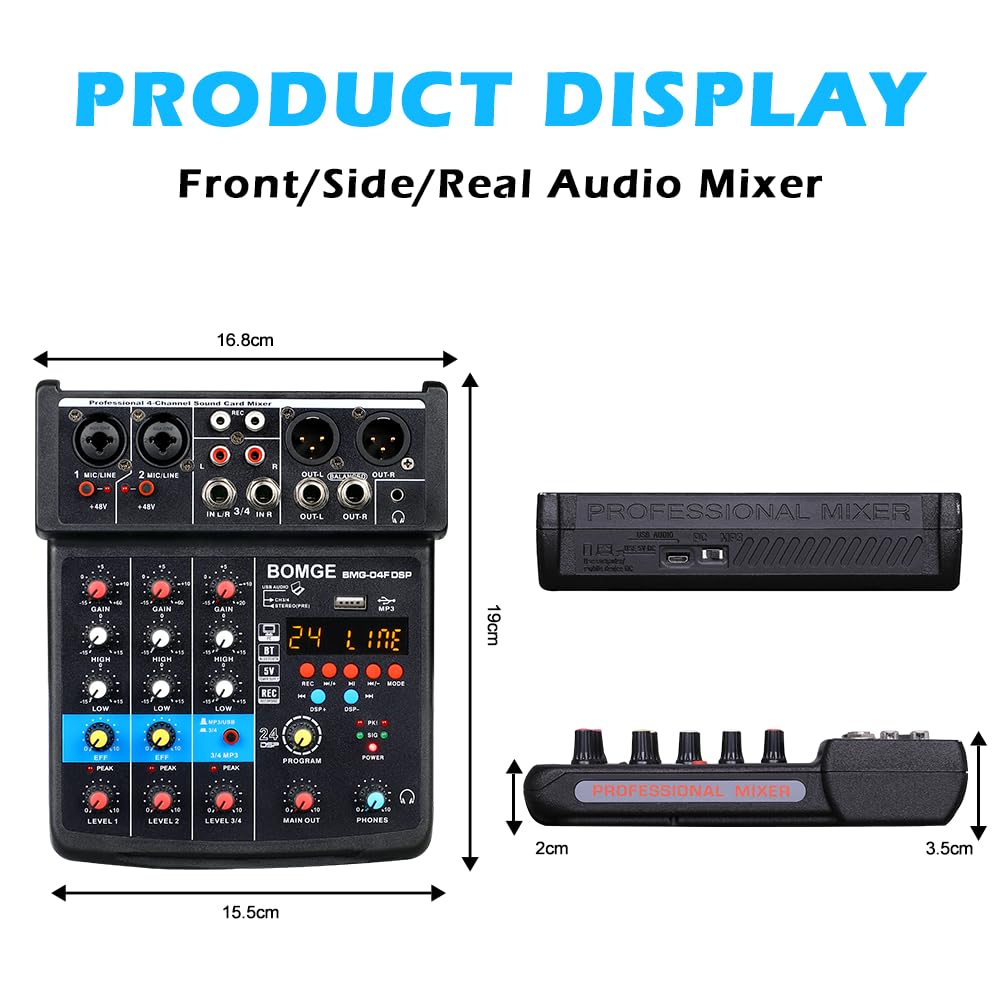 BOMGE - Mini mezclador de sonido para DJ de 4 canales con MP3, USB, Bluetooth, grabación estéreo, alimentación fantasma de 48 V, 24 DSP para karaoke, actuación, canto de iglesia, transmisión de podcas
