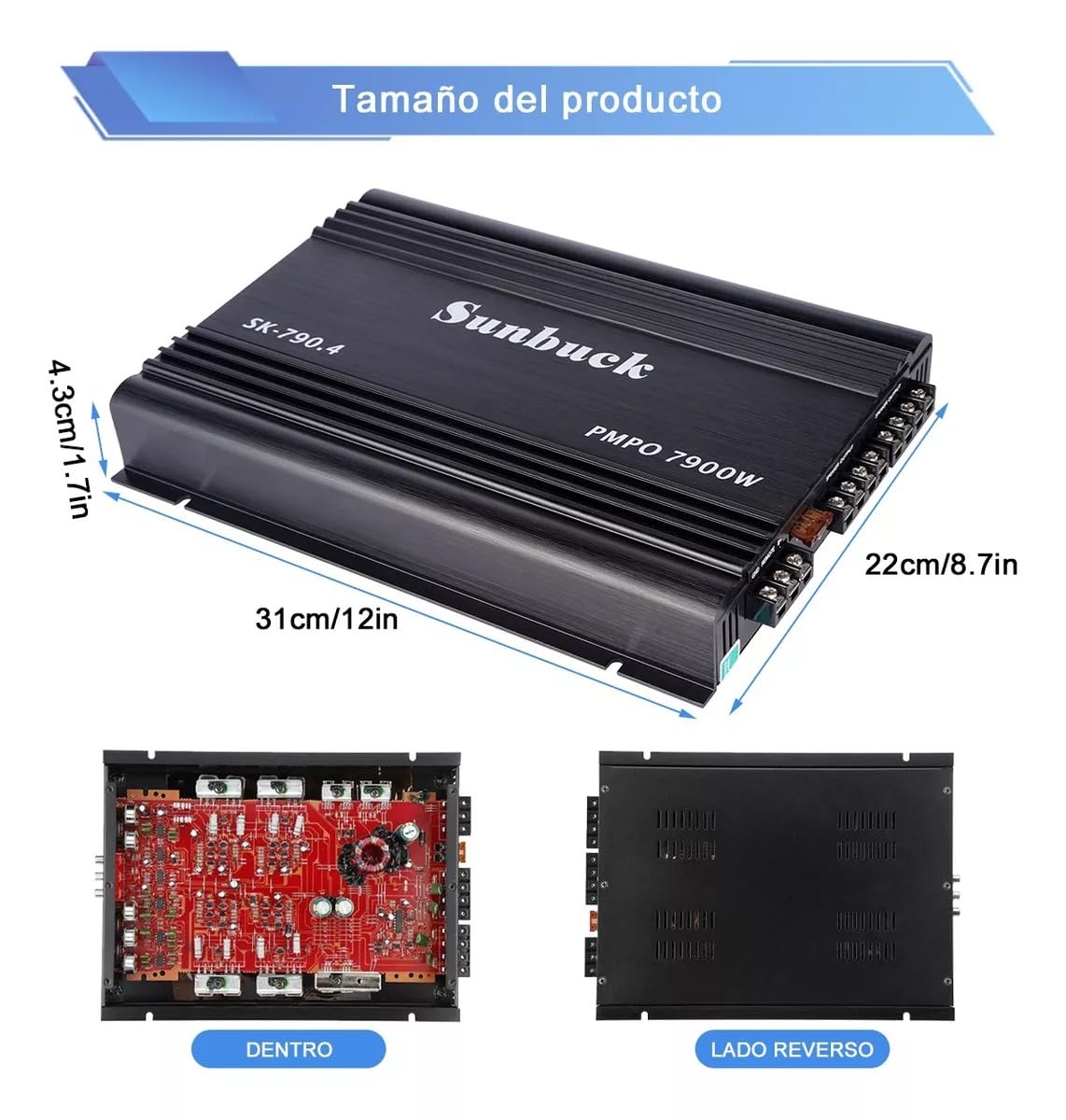 Amplificador de Audio para Auto SK790 2 Ohm 120W x 4 Canales Clase A/B para Coche y Motocicleta