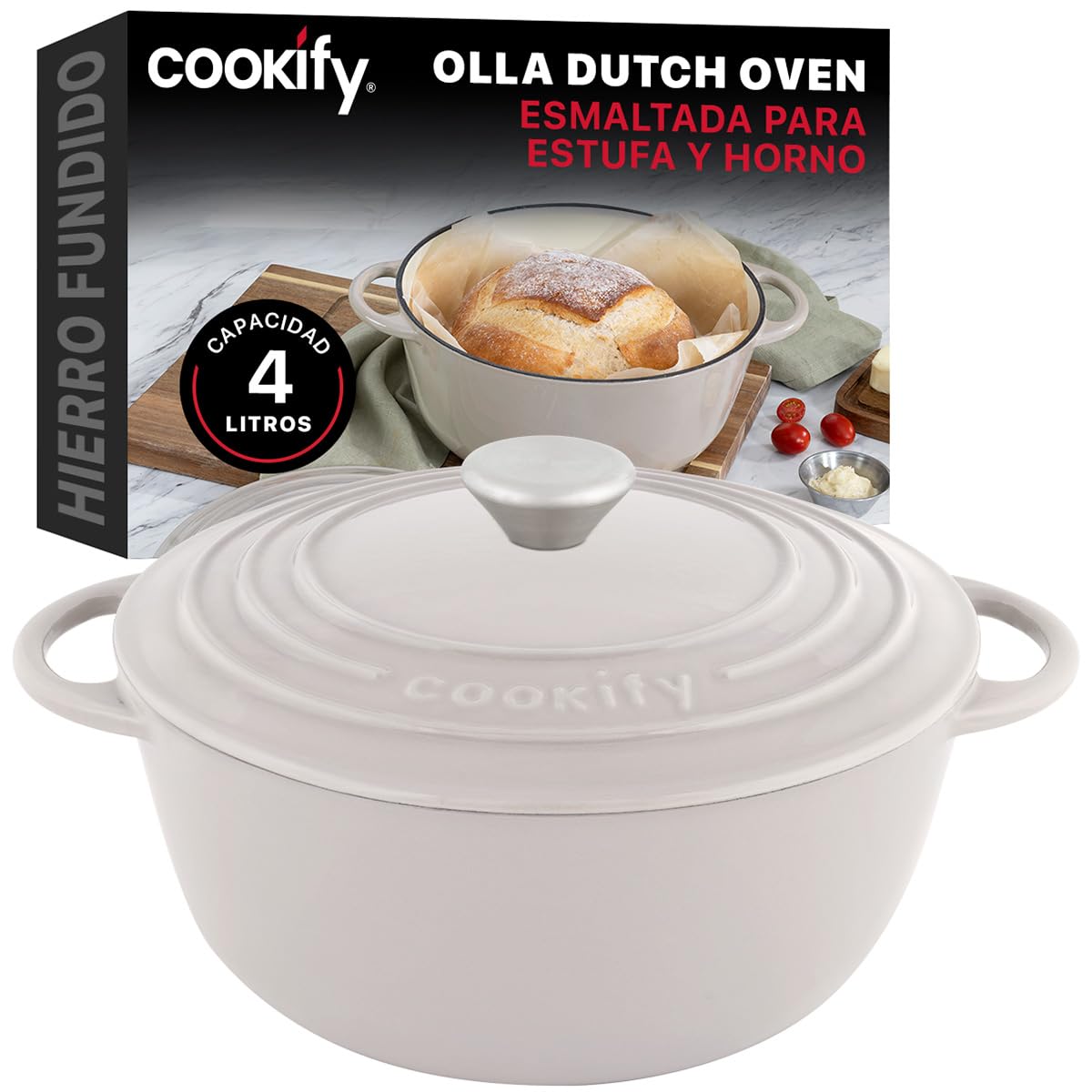 Cookify Olla de Hierro Fundido Esmaltado para Horno y Estufa, Horno Holandés Capacidad 4 Litros Dutch Oven (Taupe, 24.8 cm)
