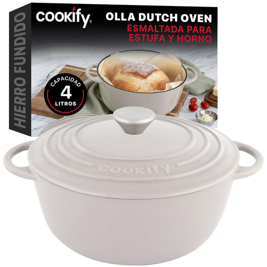 Cookify Olla de Hierro Fundido Esmaltado para Horno y Estufa, Horno Holandés Capacidad 4 Litros Dutch Oven (Taupe, 24.8 cm)