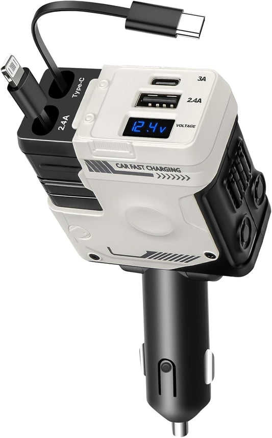 JIEYOUTA Cargador para Auto Tipo C 4 en 1-120W Carga Rápida, Incluye 2 Cables Retráctiles y 2 Puertos USB, Adaptado para iPhone16/15/14/13, Huawei, Xiaomi, iPad y Otros Android