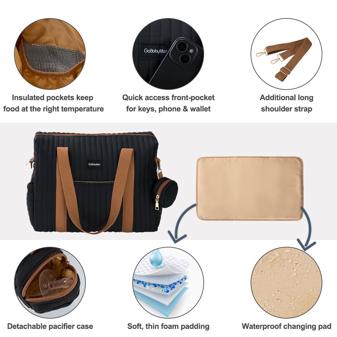 GOBABYMART - Juego de 3 bolsas de pañales con cambiador y estuche para chupete, bolsa de viaje de maternidad de algodón (mediano - negro)