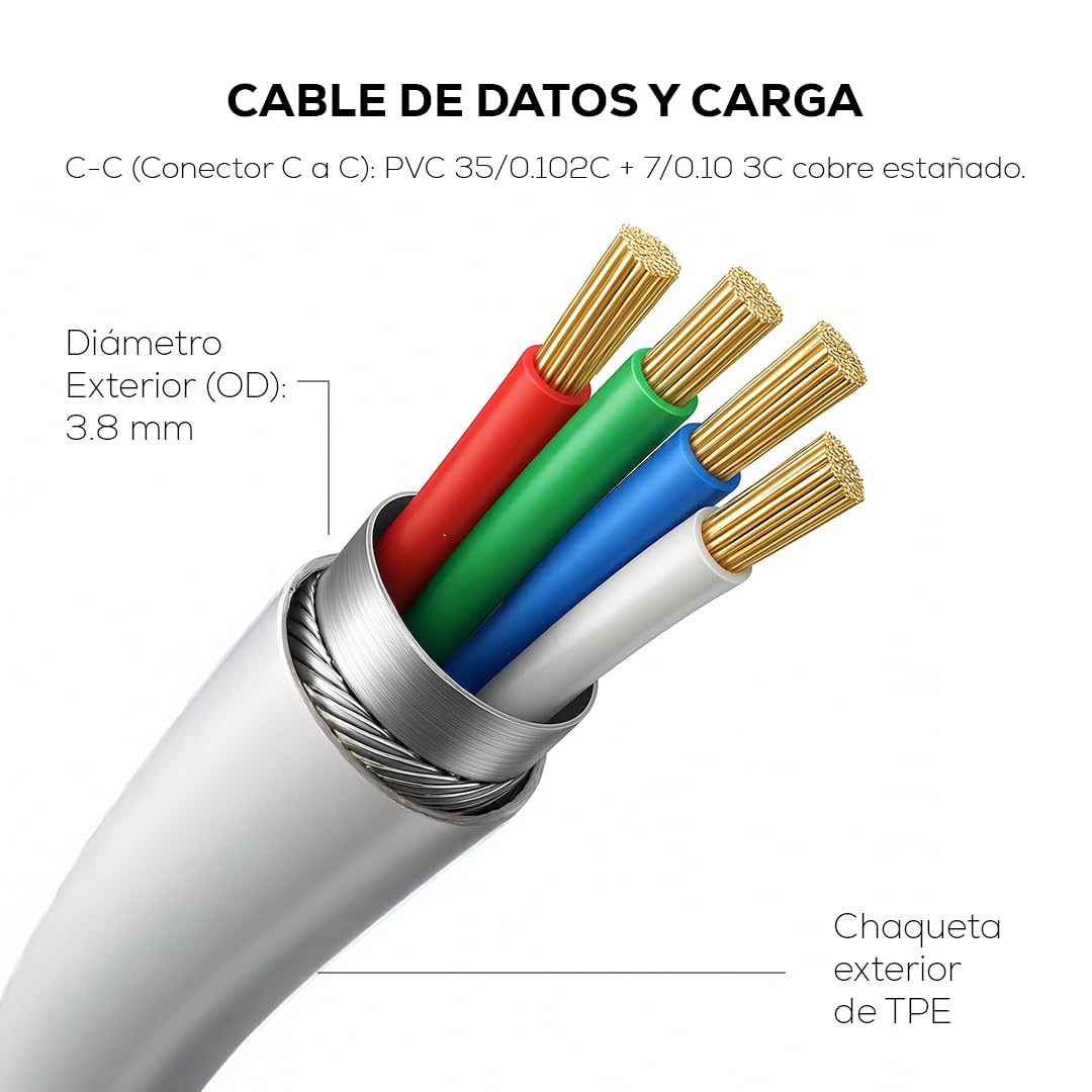 Cable Tipo C MUBITECH Blanco Negro Carga Rápida 65W PD 1 Metro para Dispositivos Tipo C