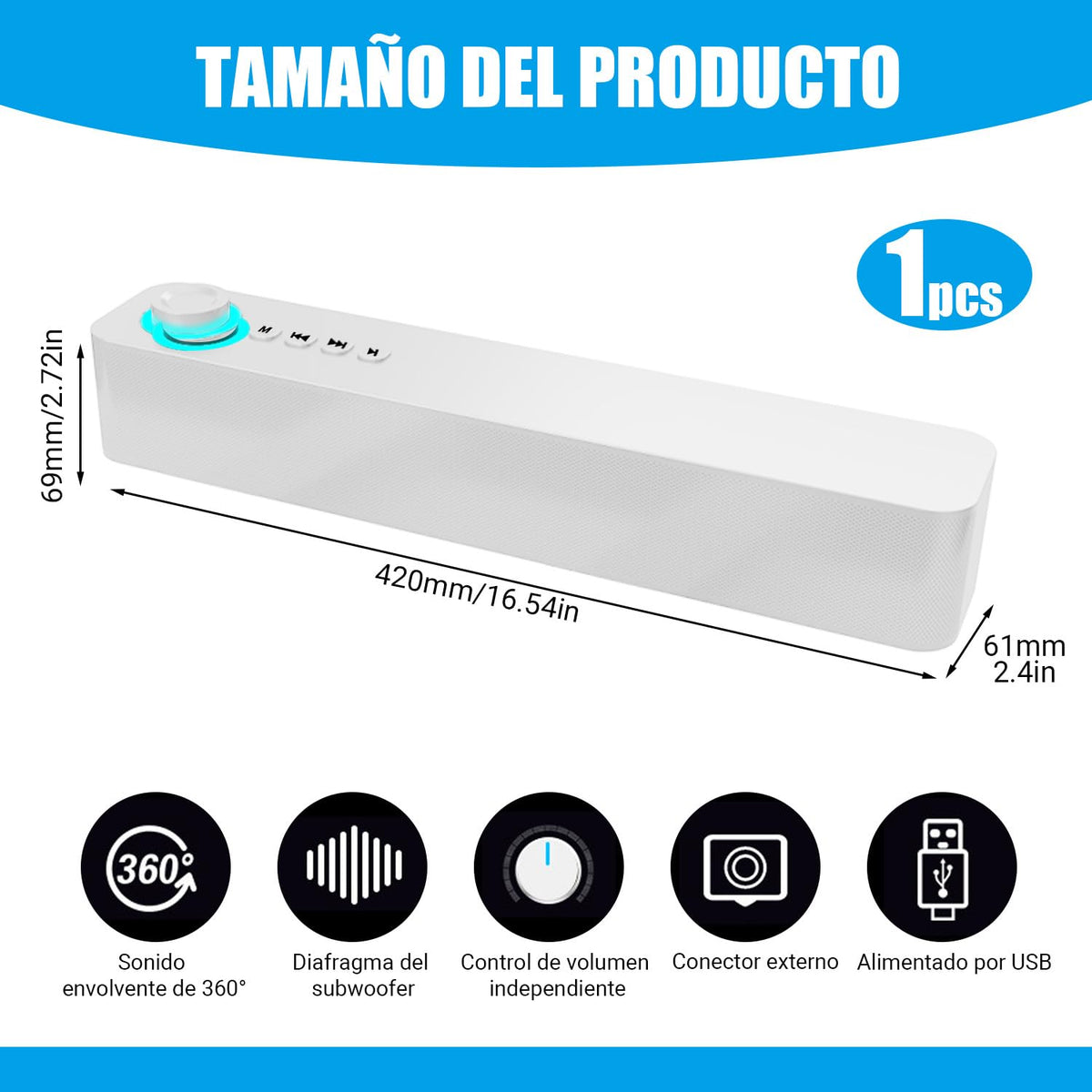 Altavoz Mini Barra de Sonido Estéreo Bluetooth PAVENU Blanco con Subwoofer y Micrófono Incorporado para Cine en Casa