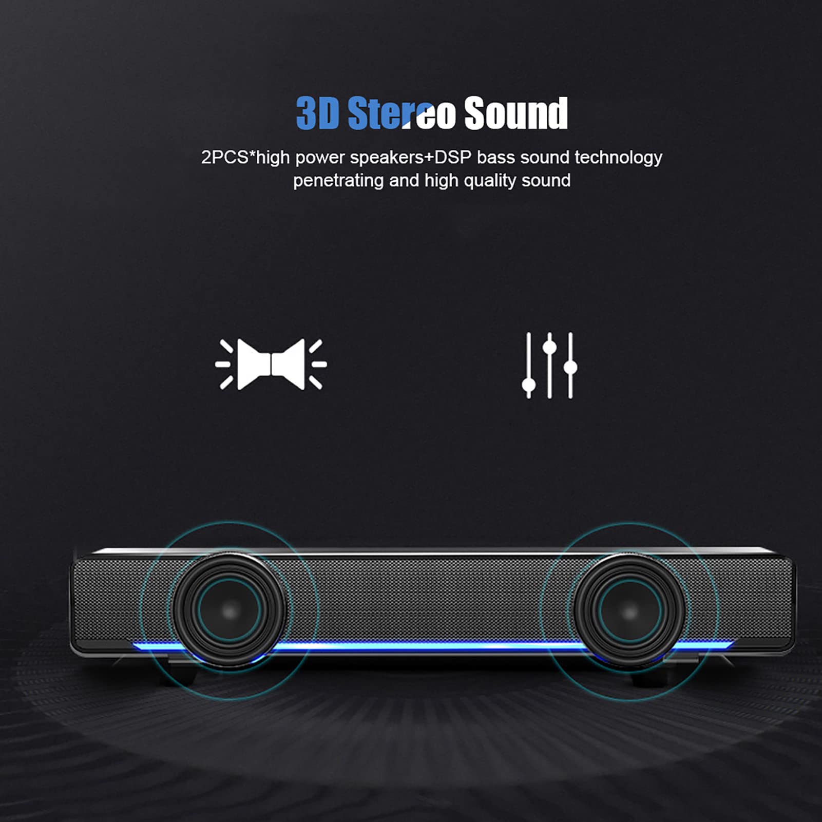Ejoyous Barra de sonido estéreo con cable USB, compatible con múltiples dispositivos, diseño clásico y duradero en negro