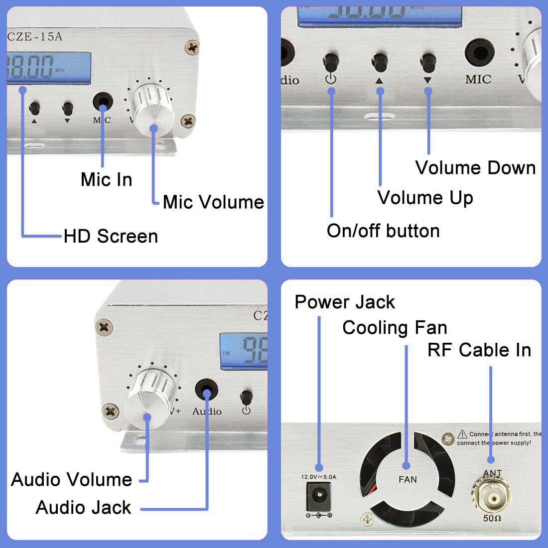 Transmisor FM Estéreo de Largo Alcance de 15 W para Iglesia con Micrófono 3,5 mm