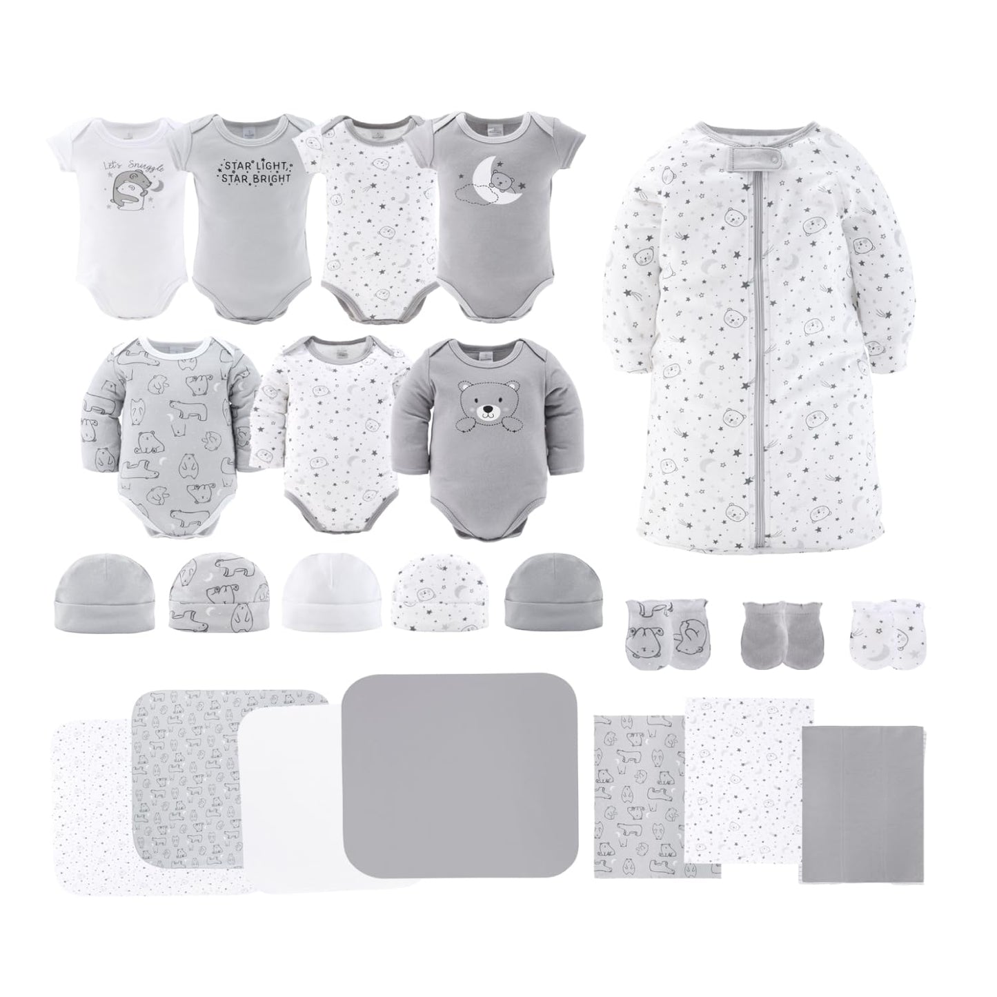 The Peanutshell - Juego de regalo de canastas para bebés y niñas, juego de regalo de 23 piezas, ropa y artículos esenciales para recién nacidos, ropa de niña de 0 a 3 meses, gris celestial y oso
