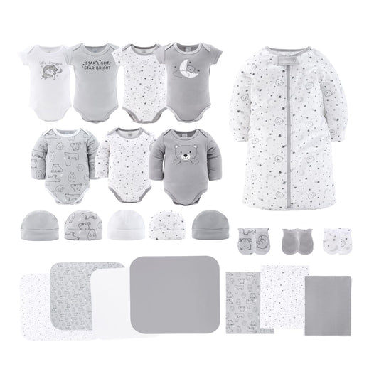 The Peanutshell - Juego de regalo de canastas para bebés y niñas, juego de regalo de 23 piezas, ropa y artículos esenciales para recién nacidos, ropa de niña de 0 a 3 meses, gris celestial y oso