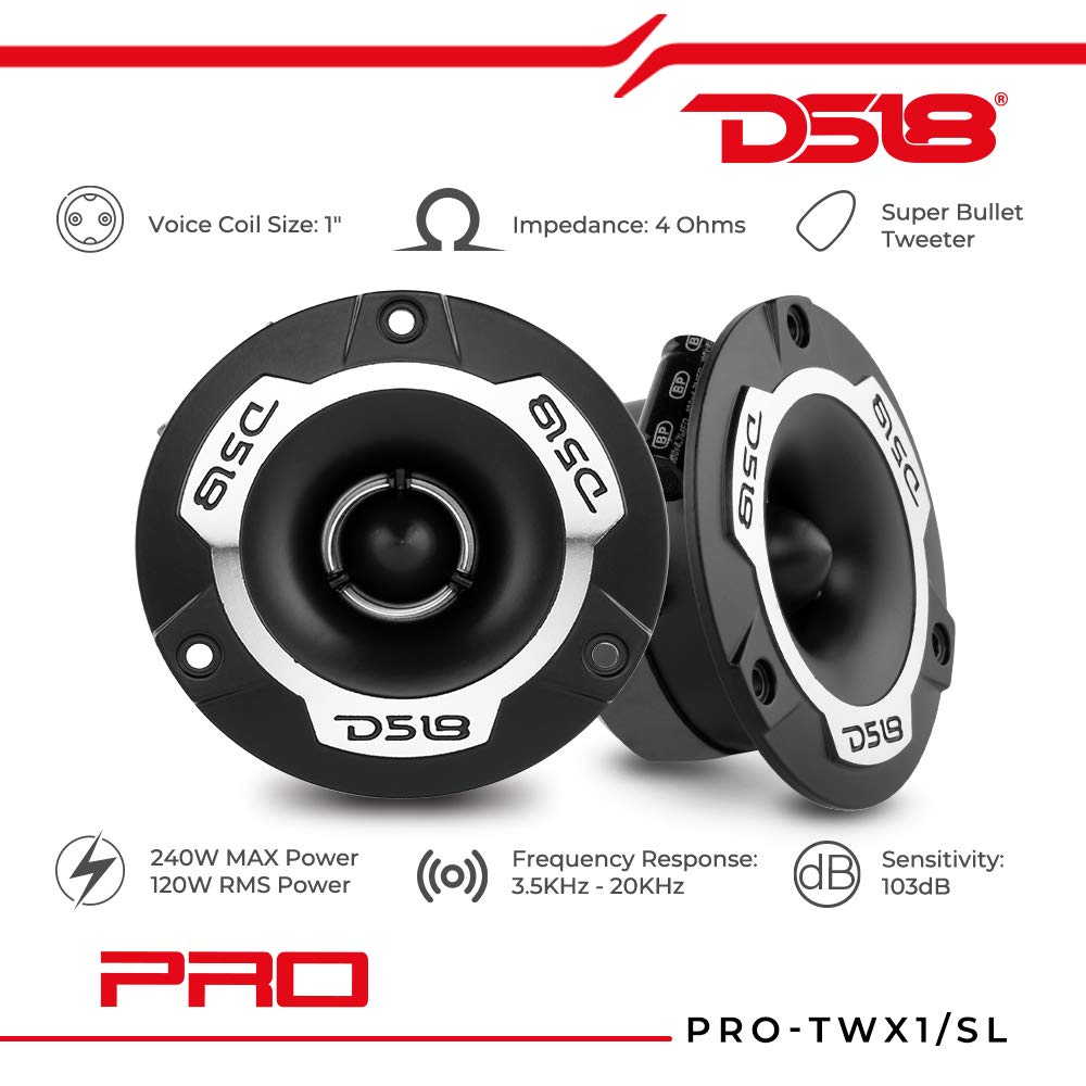 DS18 PRO-TWX1 Super Tweeter en plata – 1 pulgadas, marco de aluminio y diafragma, 240 W Max, 4 ohmios, crossover incorporado, los tweeters PRO son los mejores en el mercado de audio y voceteo Pro (par) – Plata altavoces coche vias coches pulgadas puerta e