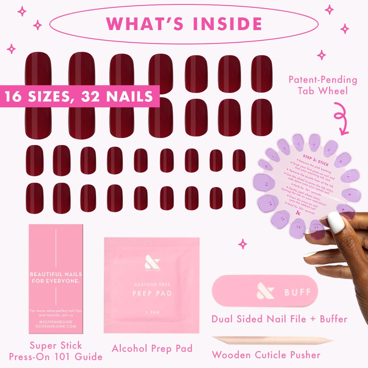 Olive & June Uñas postizas Classic Super Stick Mani | No necesitan pegamento | 32 pestañas, 16 tamaños | Pestañas no tóxicas, fáciles de poner y quitar, no dañan, aspecto realista, duración de 7 días