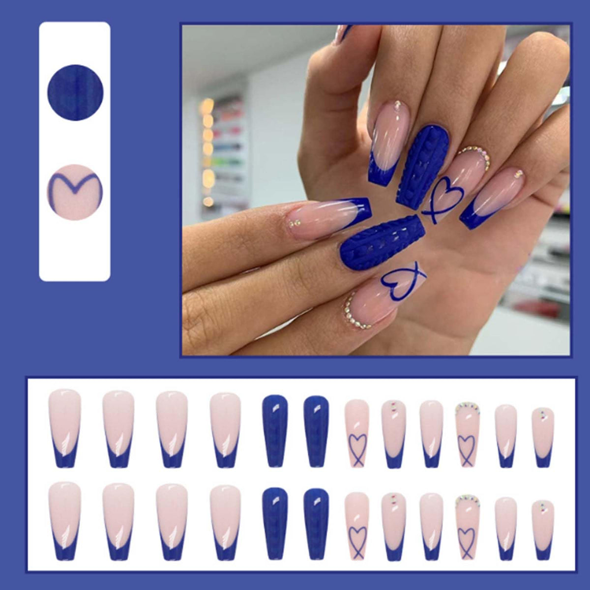 Gifiky Uñas Postizas de Ataúd Largo, Azul Francés, Prensa En Uñas Lindas, Consejos de Uñas Acrílicas Con Diseño de Gemas de Cristal Acrílico, Uñas Postizas para Mujeres y Niñas, 24 Piezas