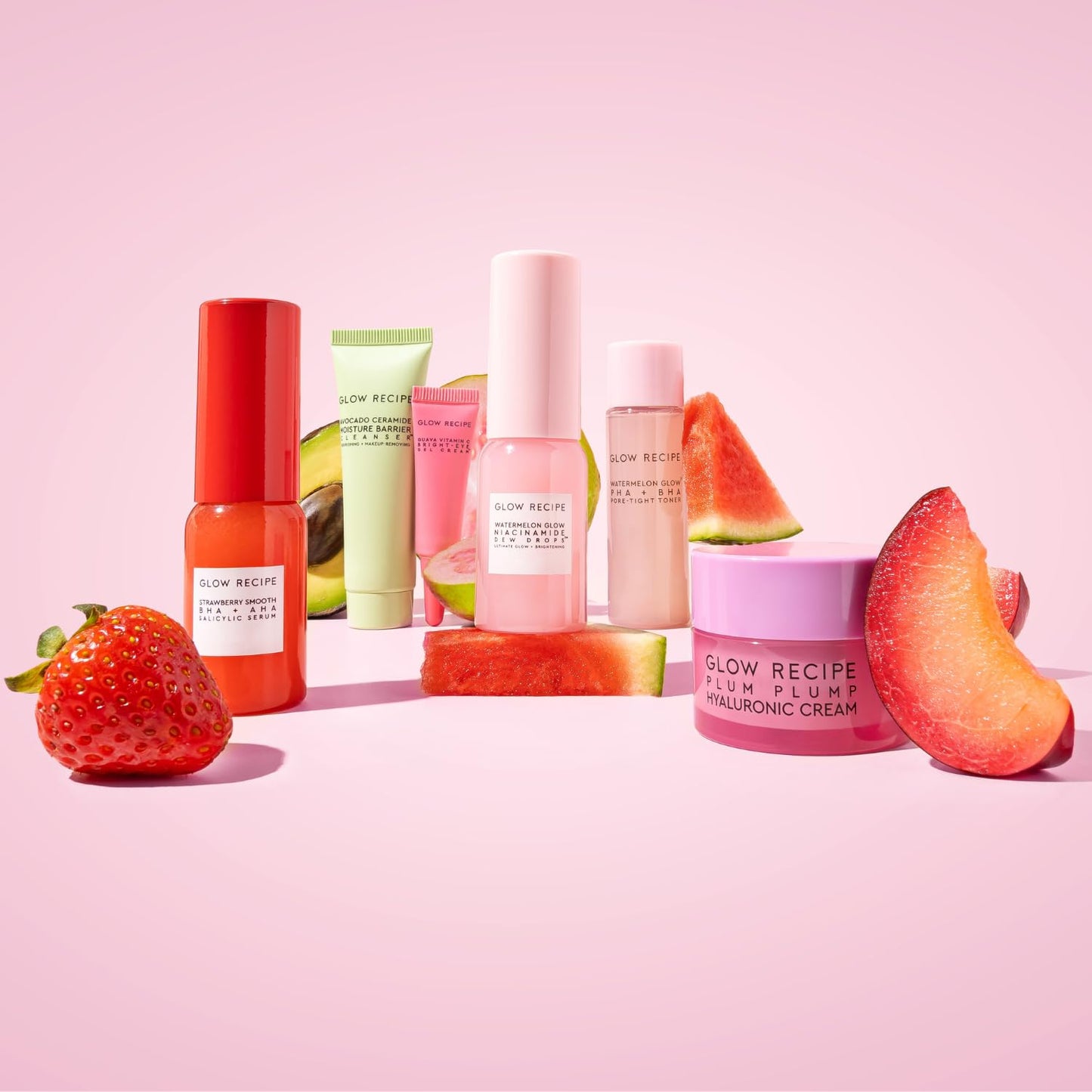Glow Recipe Fruit Babies | Watermelon Glow Niacinamide Dew Drops 15ml, Avocado Ceramide Moisture Barrier 20ml, Watermelon Glow PHA + BHA Pore-Tight Toner 25ml, Guava Vitamin C Bright-Eye Gel Cream 3ml, Strawberry Smooth BHA + PHA Salicylic Serum 10ml, Plu