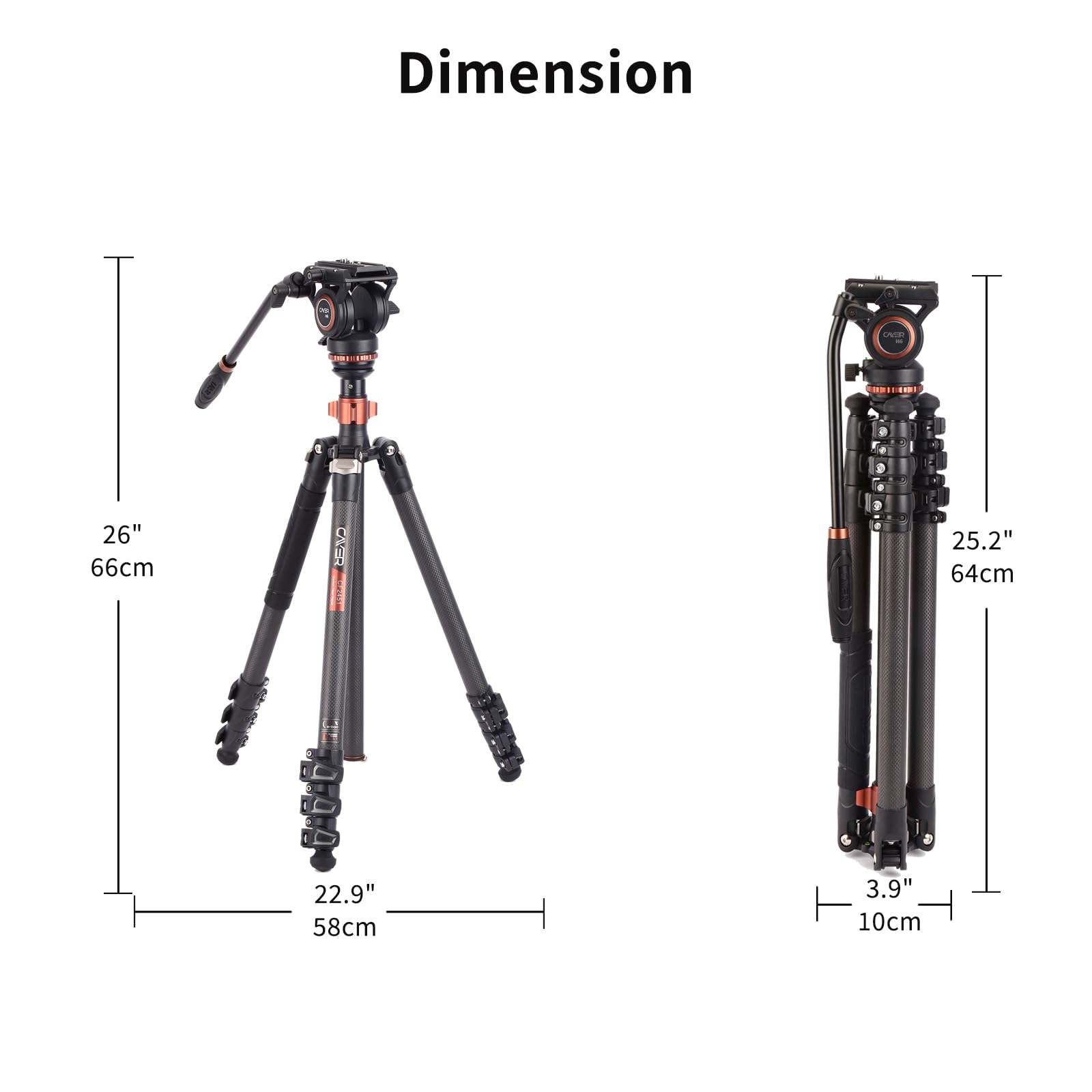 Cayer Trípodes de Cámara, Trípode de Video de Fibra de Carbono de 196 cm con Cabeza de Fluido, Trípode DSLR de Convertible a Monopié para Cámara DSLR, Capacidad de Carga de 6 kg - CF2451H6