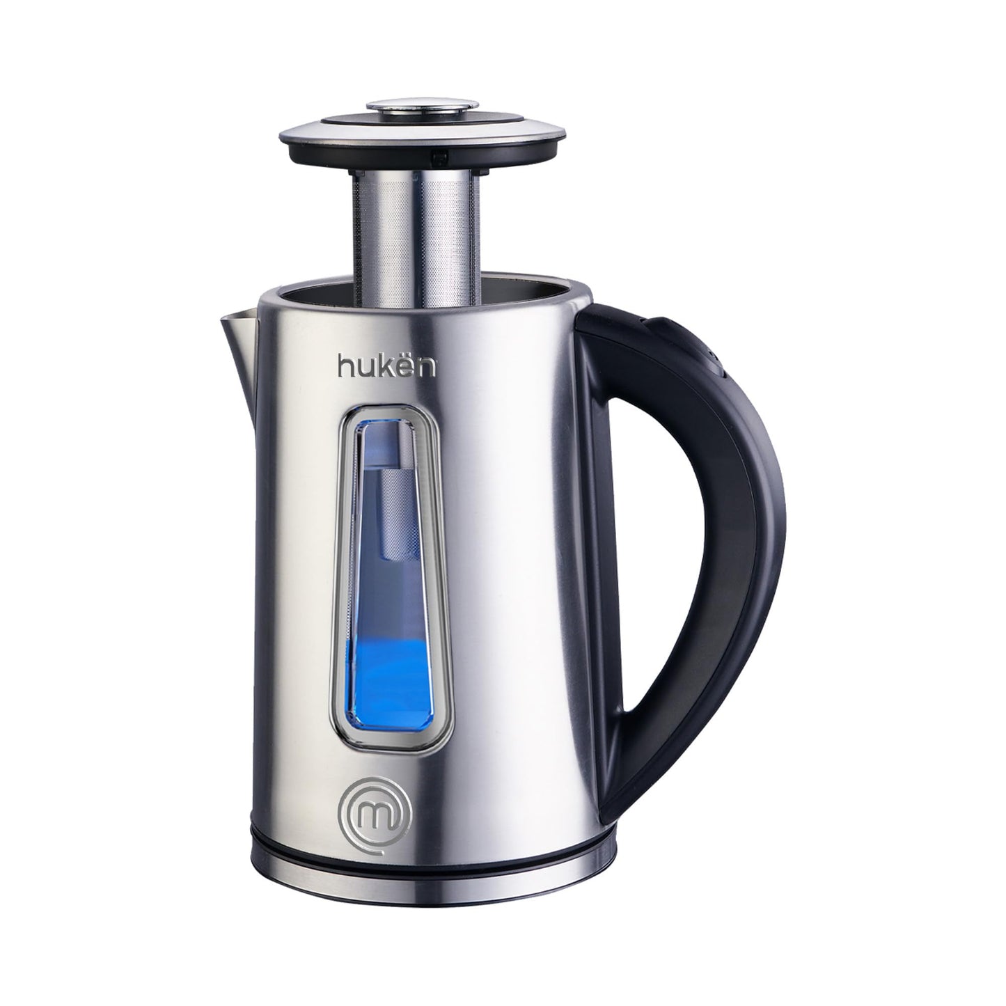 Hukën x MasterChef | Tetera Eléctrica Fuse+ con Infusor Removible | Hervidor de Vidrio/Acero Inoxidable | Base Giratoria 360° | Capacidad de 1.7 L | Calentador de Agua Rápido y Seguro (ON/OFF ACERO)