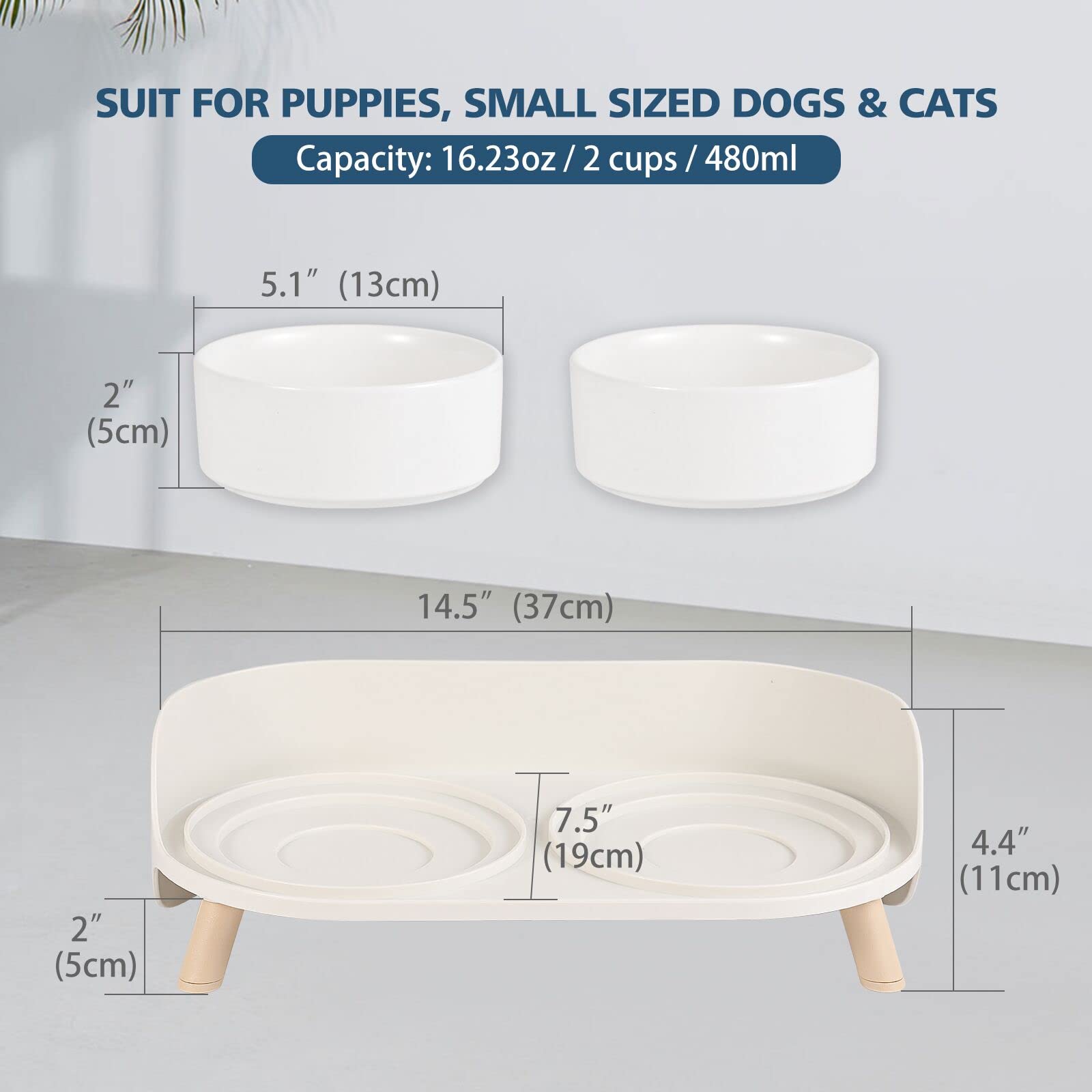 Comedero Gato - Comedero Perro Elevado - Comederos y Bebederos para Perros Pequeños | Gatos | Conejo - Doble Ceramica Cuenco Mascotas con Soporte Anti Salpicaduras 480 ml