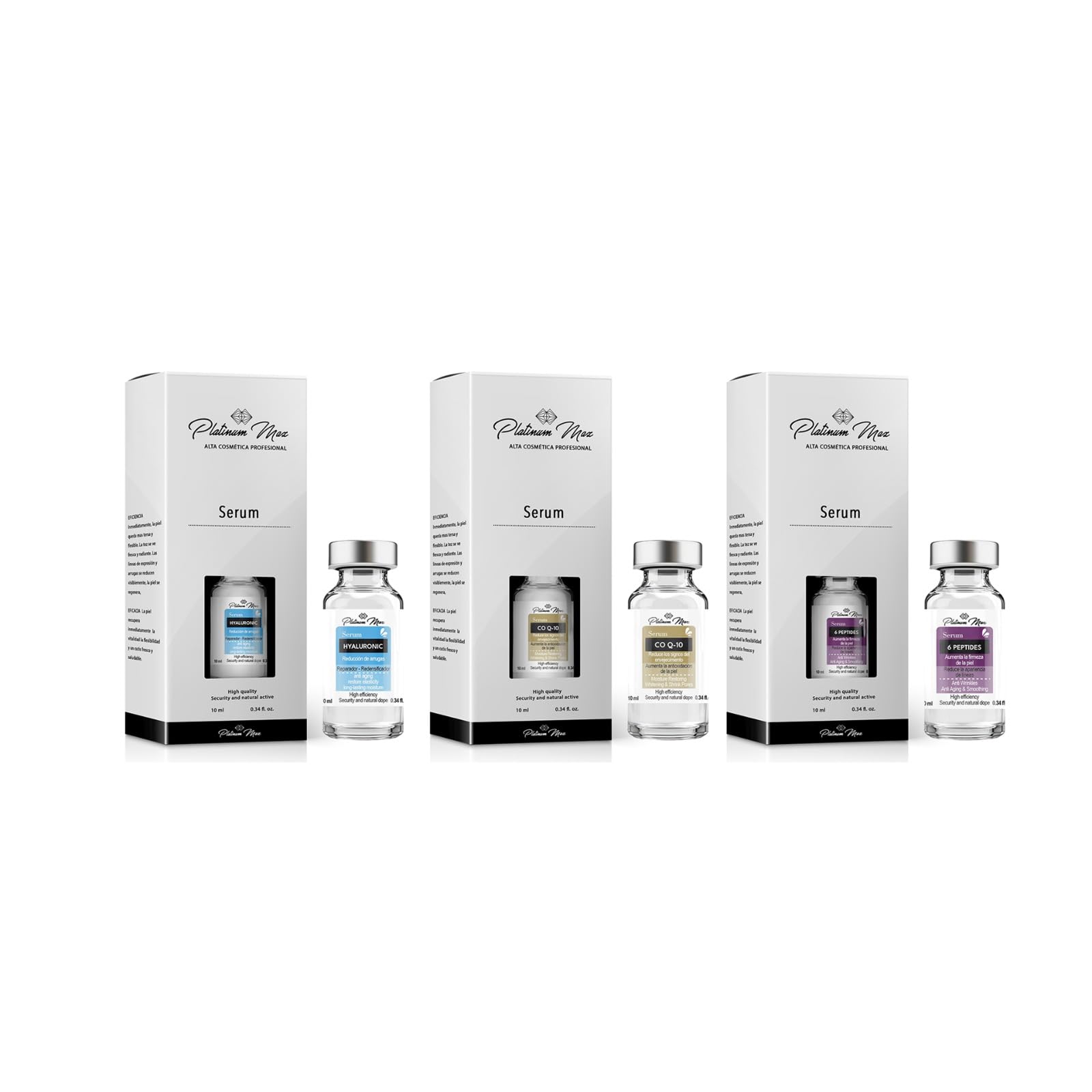 Set de Serums Faciales PLATINUMMAX Coenzima Q10 6 Péptidos Ácido Hialurónico