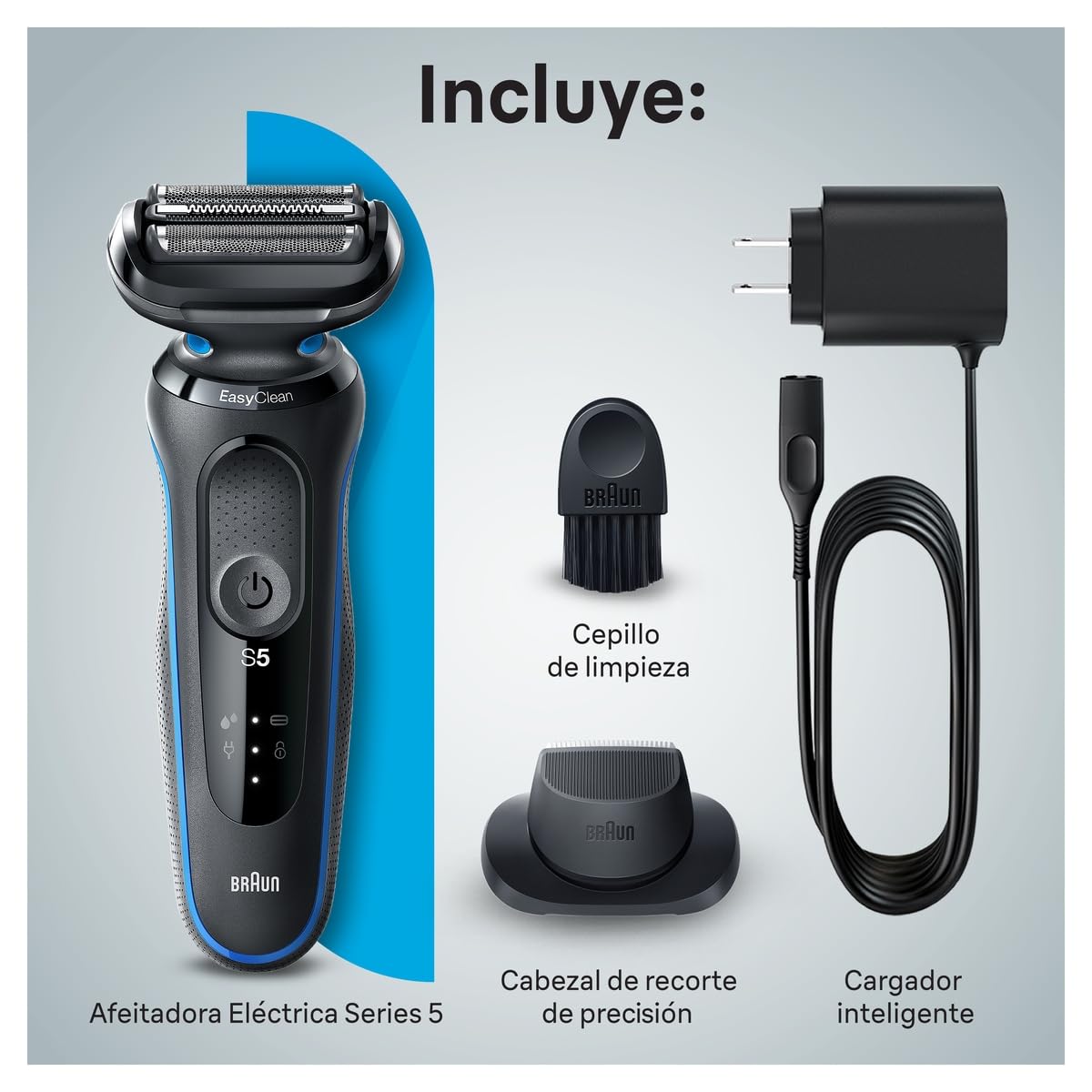 BRAUN Series 5 Afeitadora Eléctrica Para Hombre, Afeitado Al Ras, Uso en Seco y Humedo, Incluye Recortar de Precisión, 50min Batería + Carga Rápida