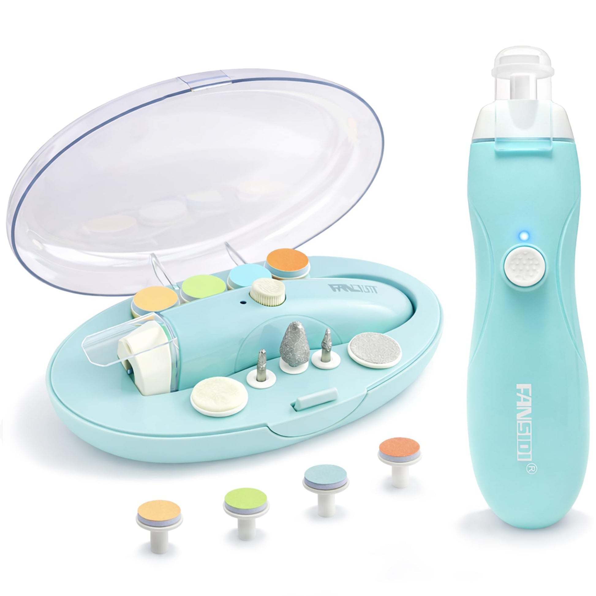 Fansidi - Lima de uñas de bebé recargable para recién nacido o bebé recién nacido uñas y uñas de los pies - Accesorio para niñas y niños - almohadillas para orejas de repuesto adicionales incluidas (azul)