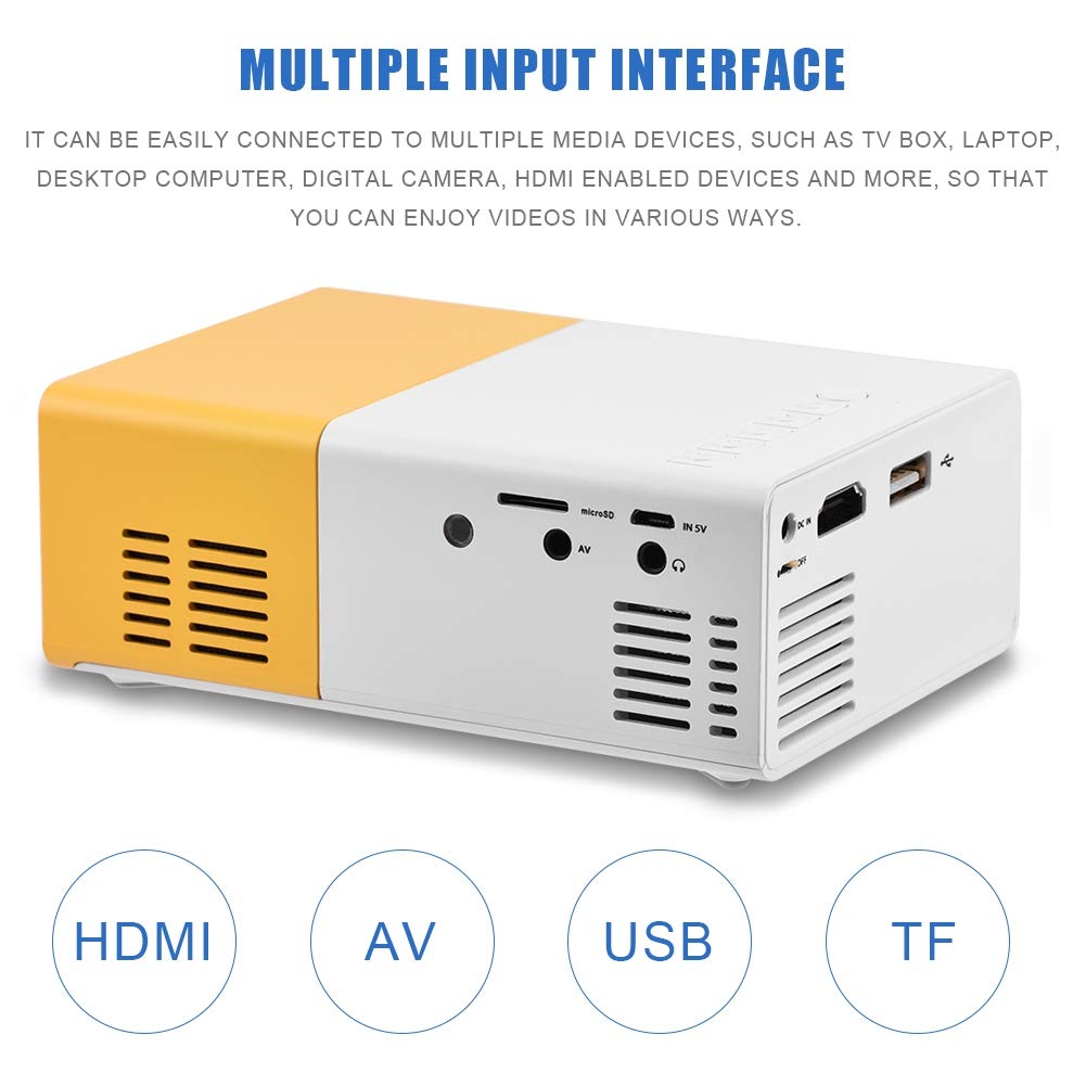 Junluck Mini Proyector Full HD 1080P Vídeo Proyector de Cine en Casa Portátil para Interiores/Exteriores/Fiesta/Camping Compatible con Laptop/PC/Smartphone/HDMI/VGA/USB/AV(Blanco + Amarillo)