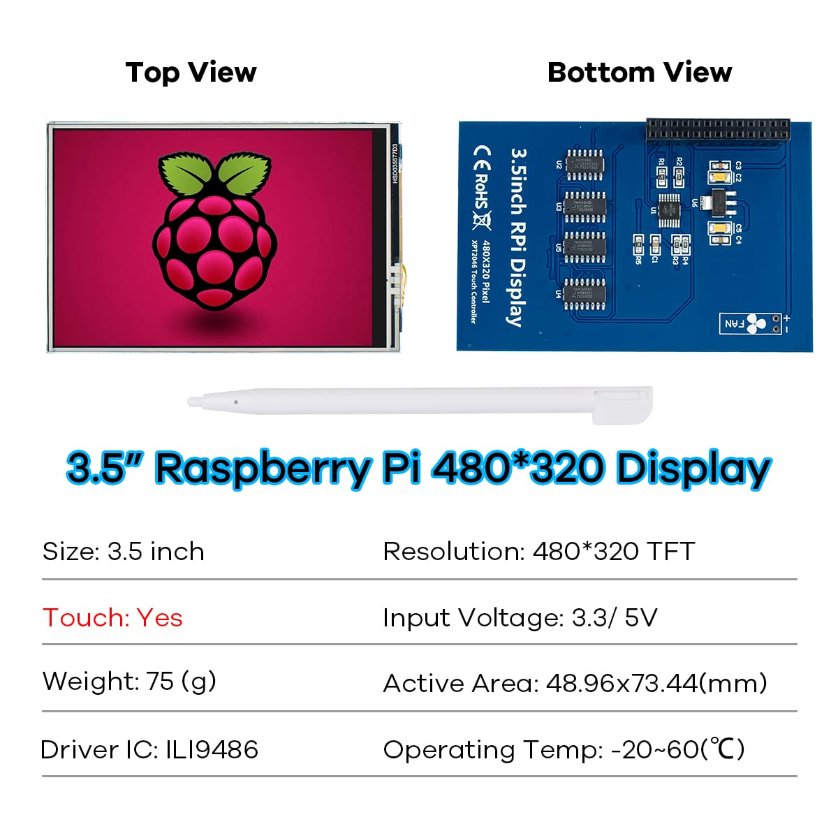 Hosyond - visualización táctil TFT LCD SPI de 3.5 pulgadas de 480 x 320 para Raspberry Pi A, B, A+, B+, 2B, 3B, 3B +, 4B, 5