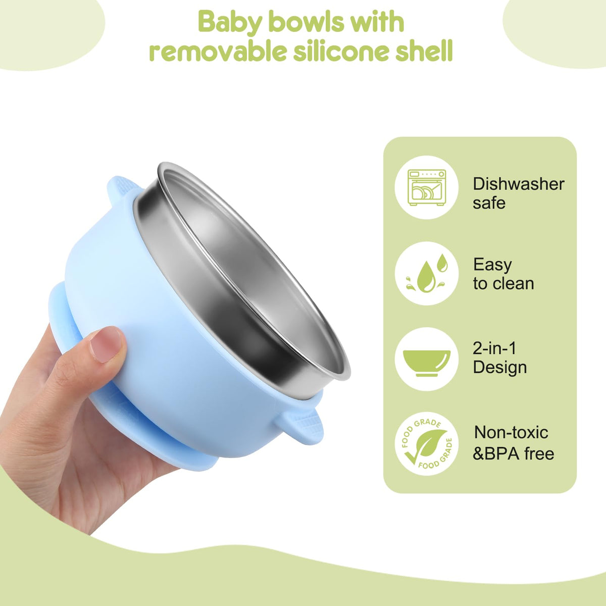 Wesketch Paquete De 2 Tazones De Acero Inoxidable Para Bebé Con Ventosa De Silicona Antideslizante Extraíble, Recipiente Antiescaldaduras Para La Alimentación Del Bebé. Incluye Tenedores Y Cucharas, A