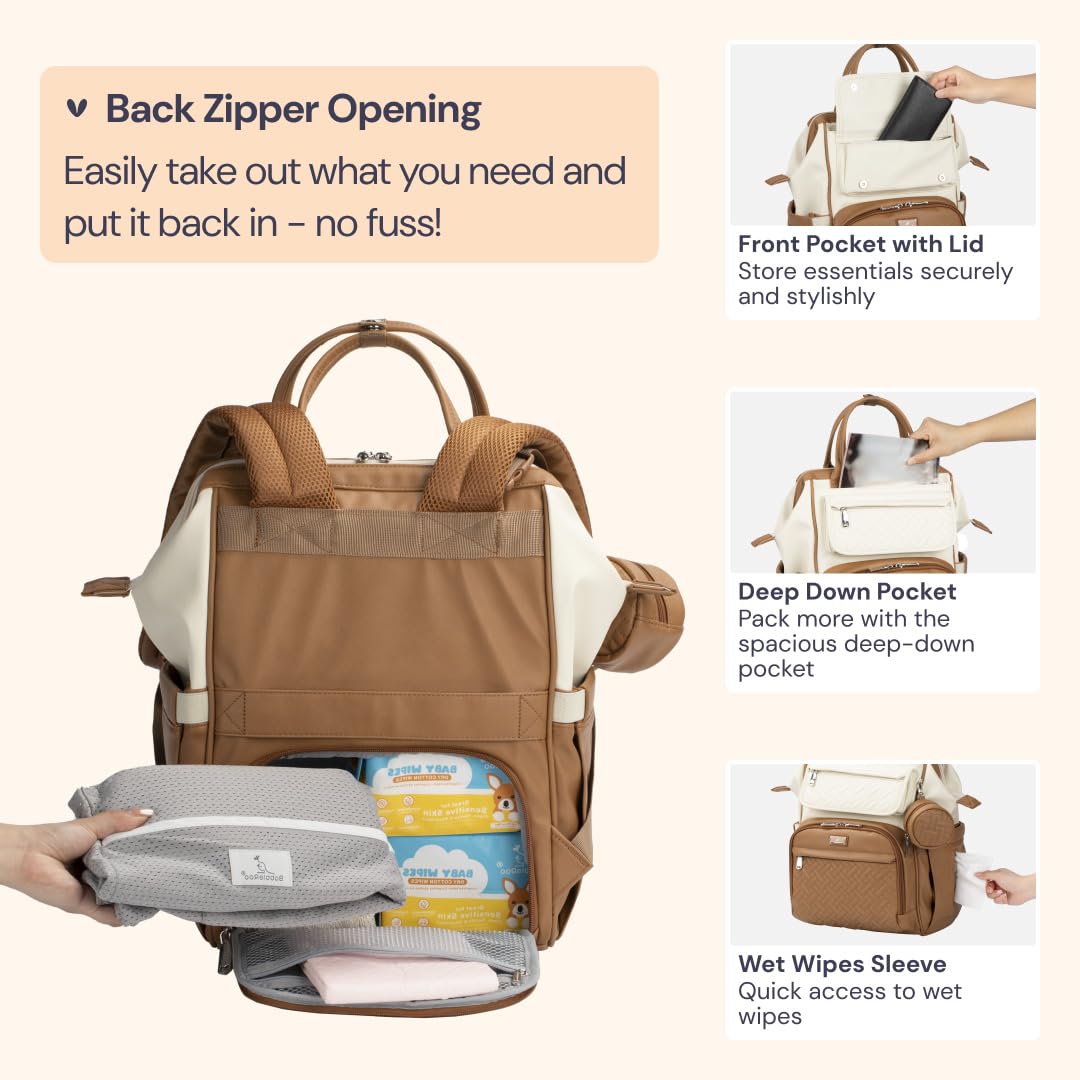 BabbleRoo - Mochila para pañales de cuero, mochila grande multifunción con cambiador y correas para el carrito y estuche para chupete, mochila de viaje elegante unisex, bolsa cambiadora de pañales