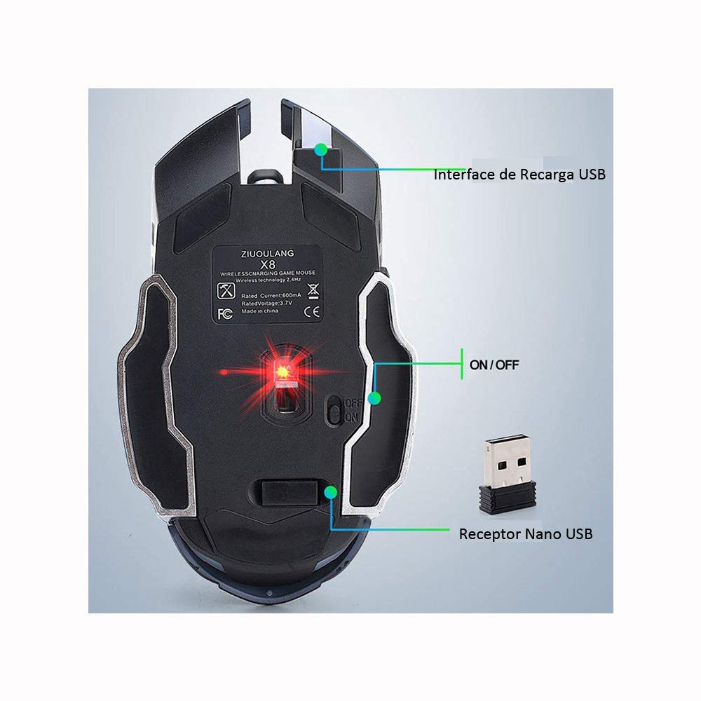 Mouse Gaming EASYTAO Inalámbrico Recargable Ergonómico 6 Botones Programables 3 dpi Ajustable