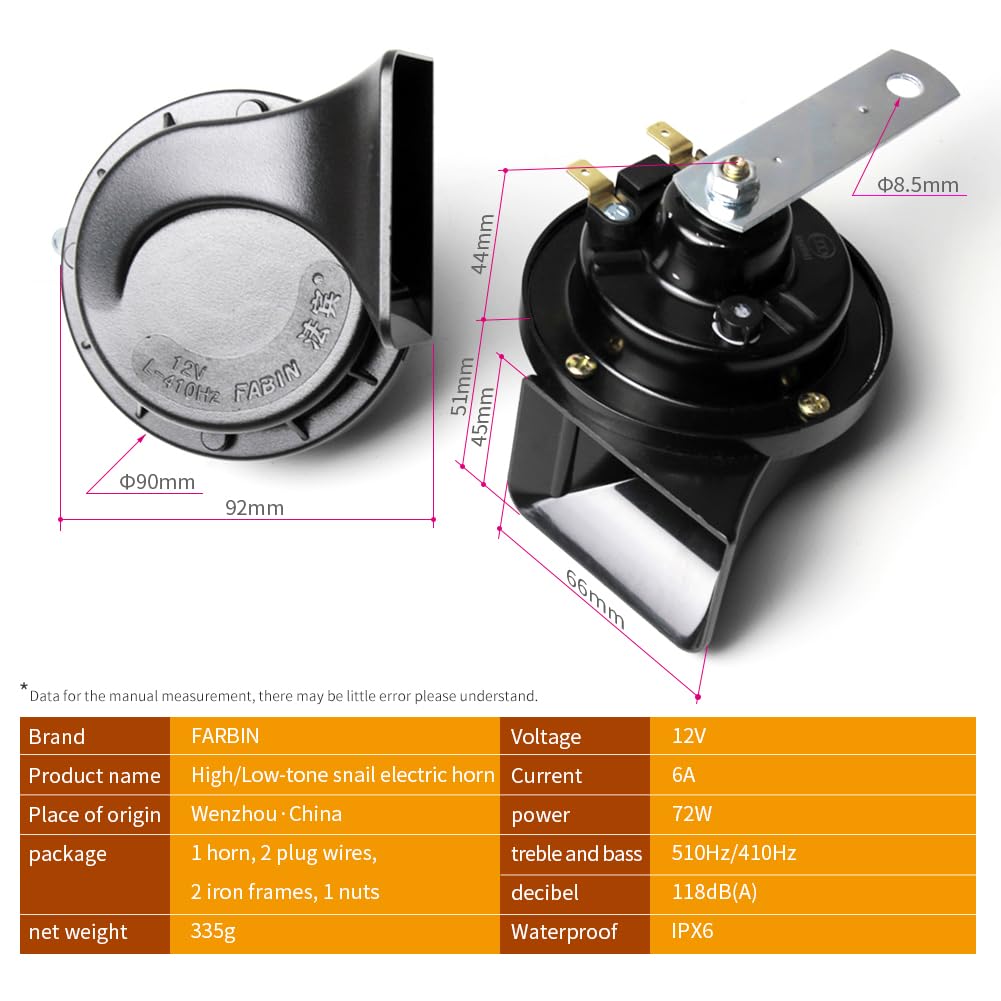 FARBIN - Bocina compacta de 12 V para coche, tono alto, 510 Hz, impermeable, universal para cualquier vehículo (un solo tono alto, 12 V)