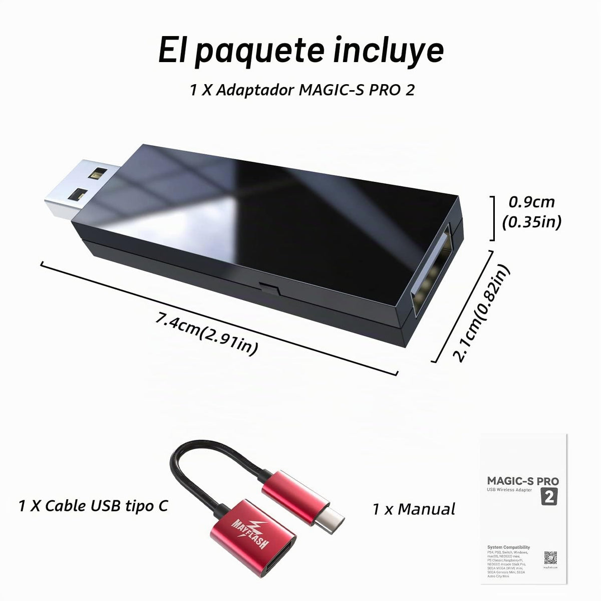 Adaptador USB Inalámbrico Mcbazel Mayflash Magic-S Pro 2 Bluetooth para PS4, Switch, Windows, macOS, Raspberry Pi Compatible con Xbox Series X/S, Xbox One, PS5 y Más