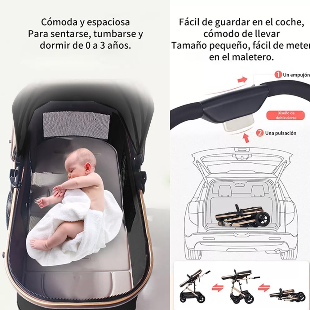 FINYQBET Carrito De Bebé Plegable Universal Para Cuatro Estaciones Sillas De Paseo para Bebés De Alta Vista para Bebés Recién Nacidos, Implementación Bidireccional Multifuncional Y Segura Negro
