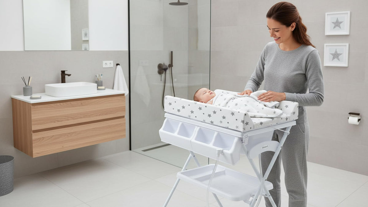 BAMBINETO Bañera alta para bebé BATH con Colchón Cambiador y Base de tijera. ESTRELLAS GRIS