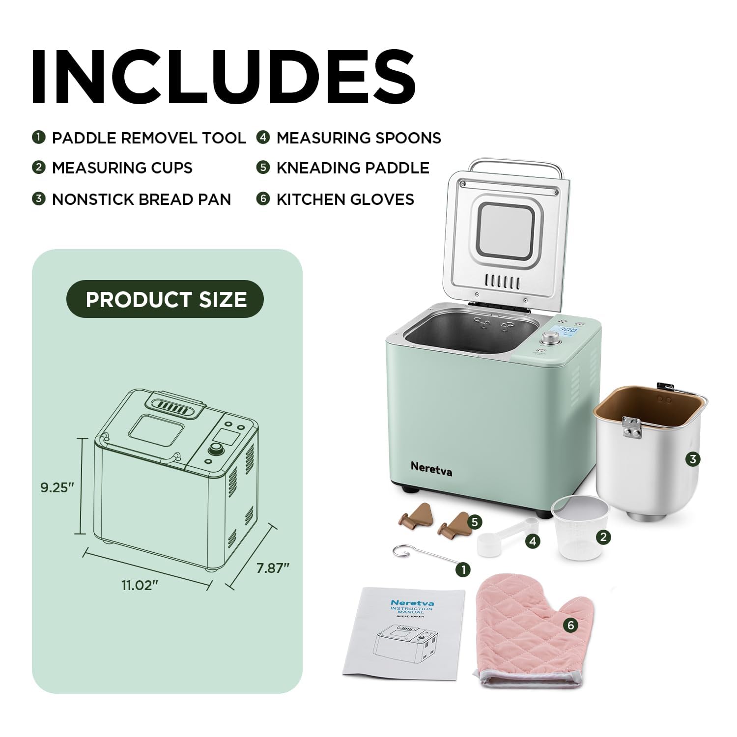 Máquina de Pan Neretva Acero Inoxidable Compacta Antiadeherente Doble Calentador 20 en 1 para Pan sin Gluten, Masa Madre o Trigo Integral