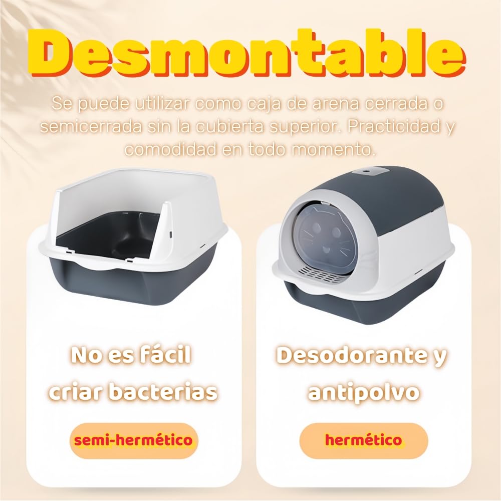 Caja de Arena para Gatos BAIWOLF Gris con Capucha y Antisalpicaduras